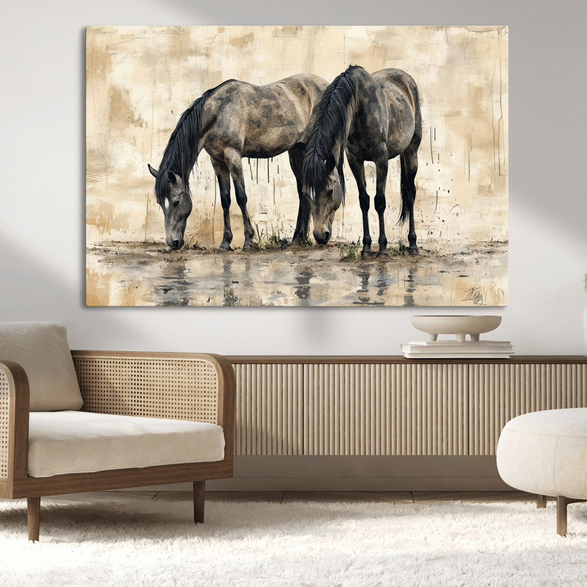 Chinese Style Abstract Black Horses Wall Art Canvas Print -