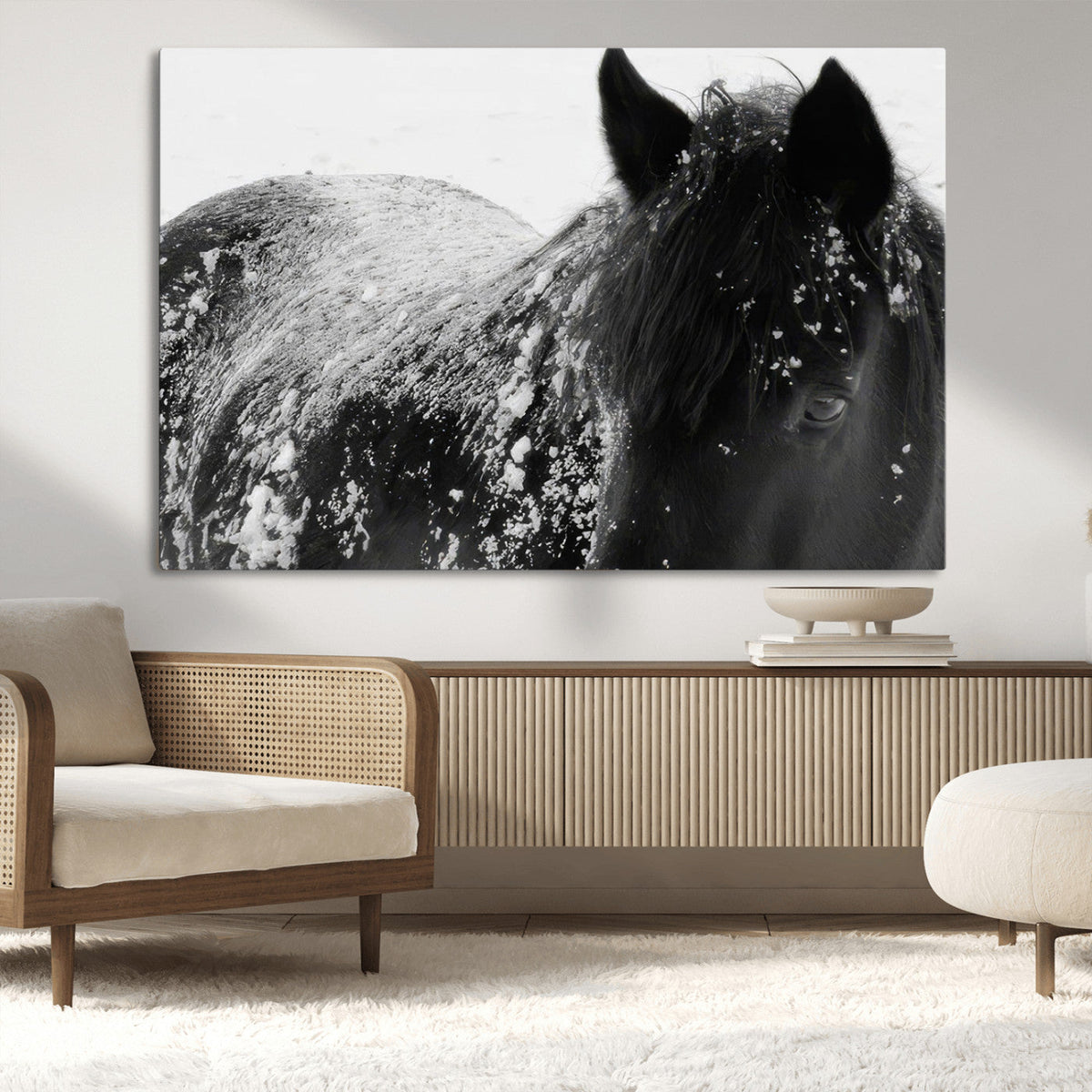 Black Horse in Snow Canvas Print | Winter Horse Wall Art |