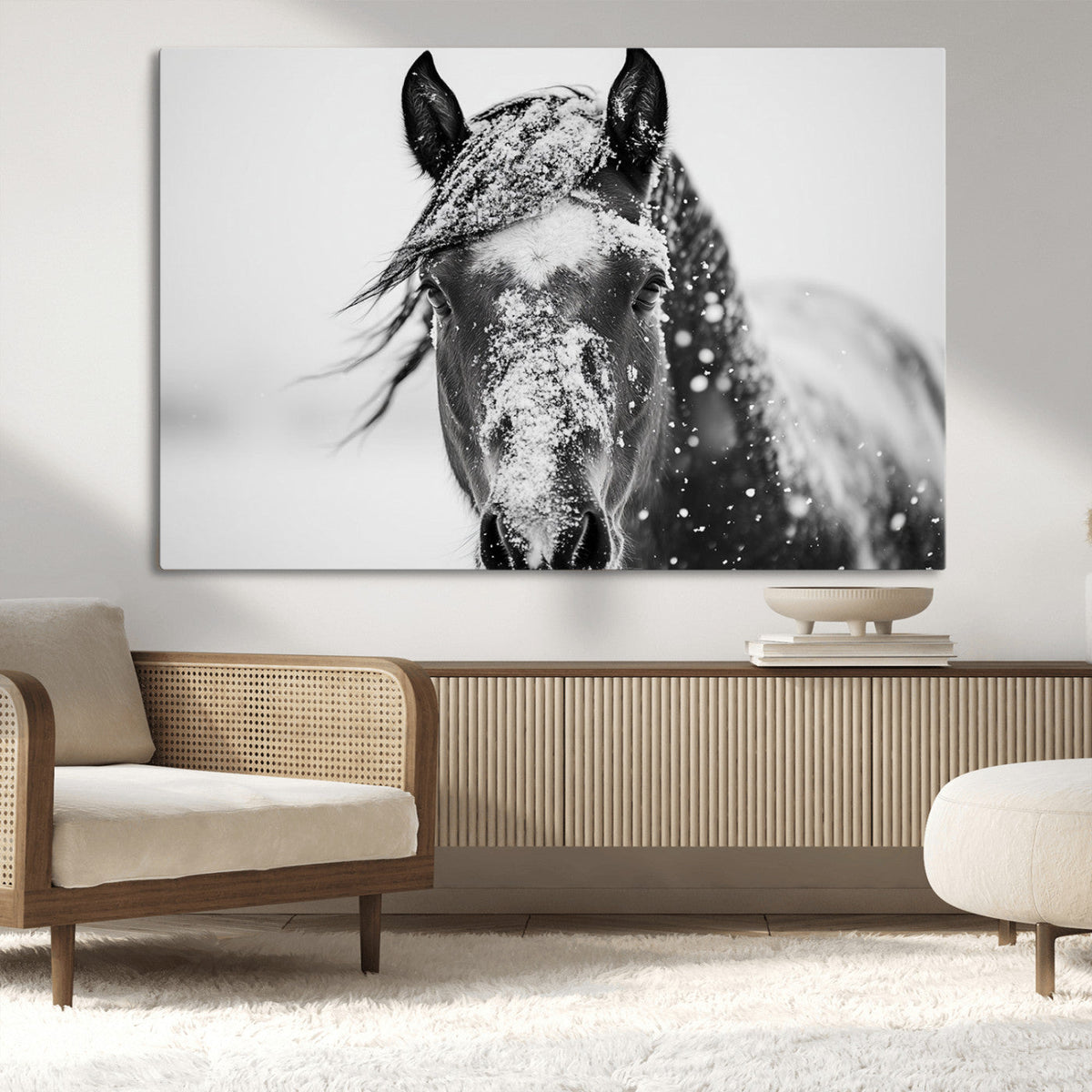 Western Wall Art | Black and White Winter Horse Wall Art |