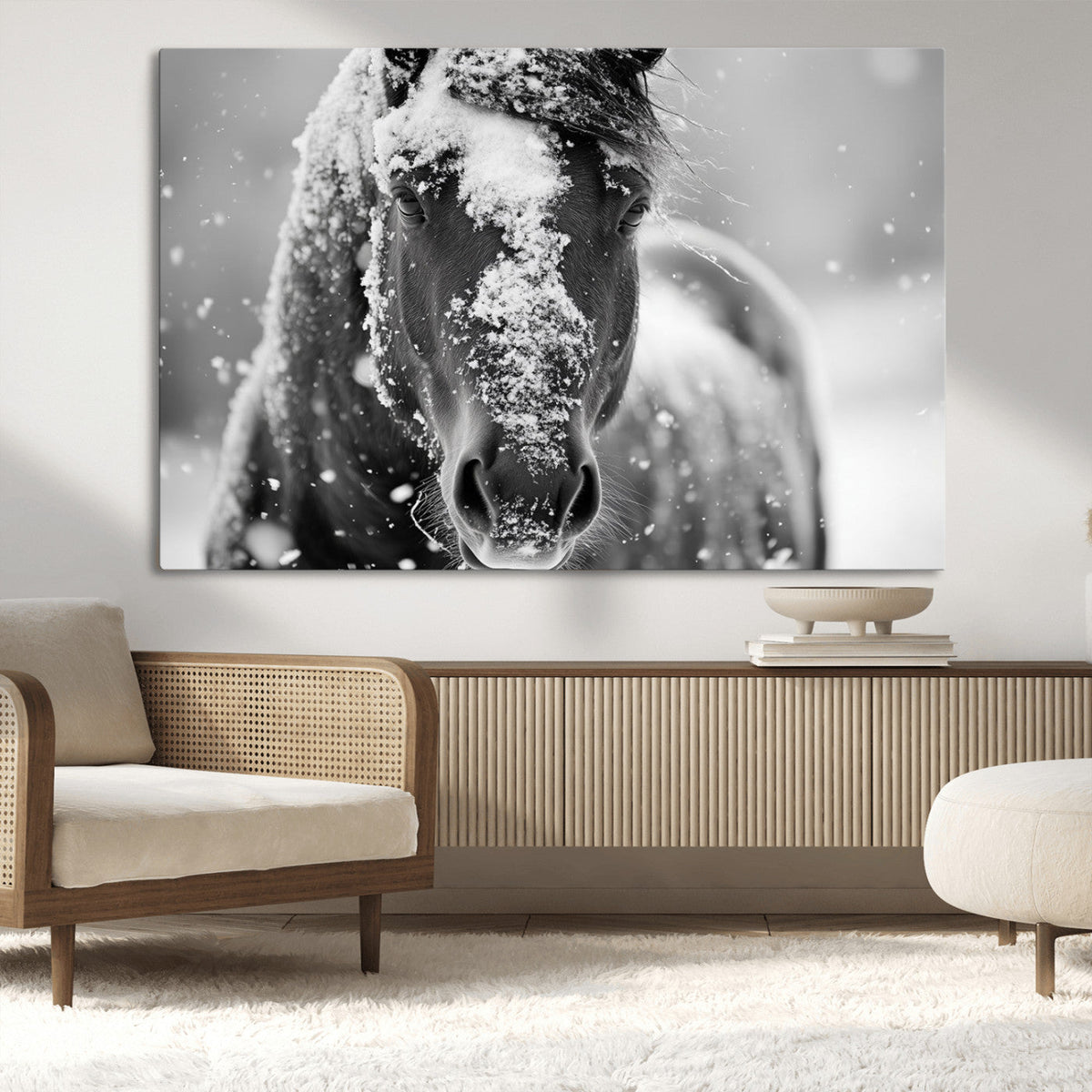 Black and White Horse Winter Wall Art | Ready to Hang and