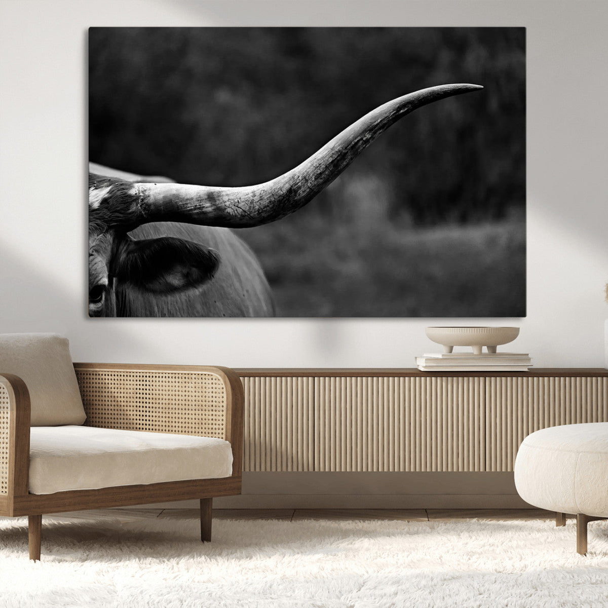 Cow Longhorn Wall Art | Black and White Print | Ready to