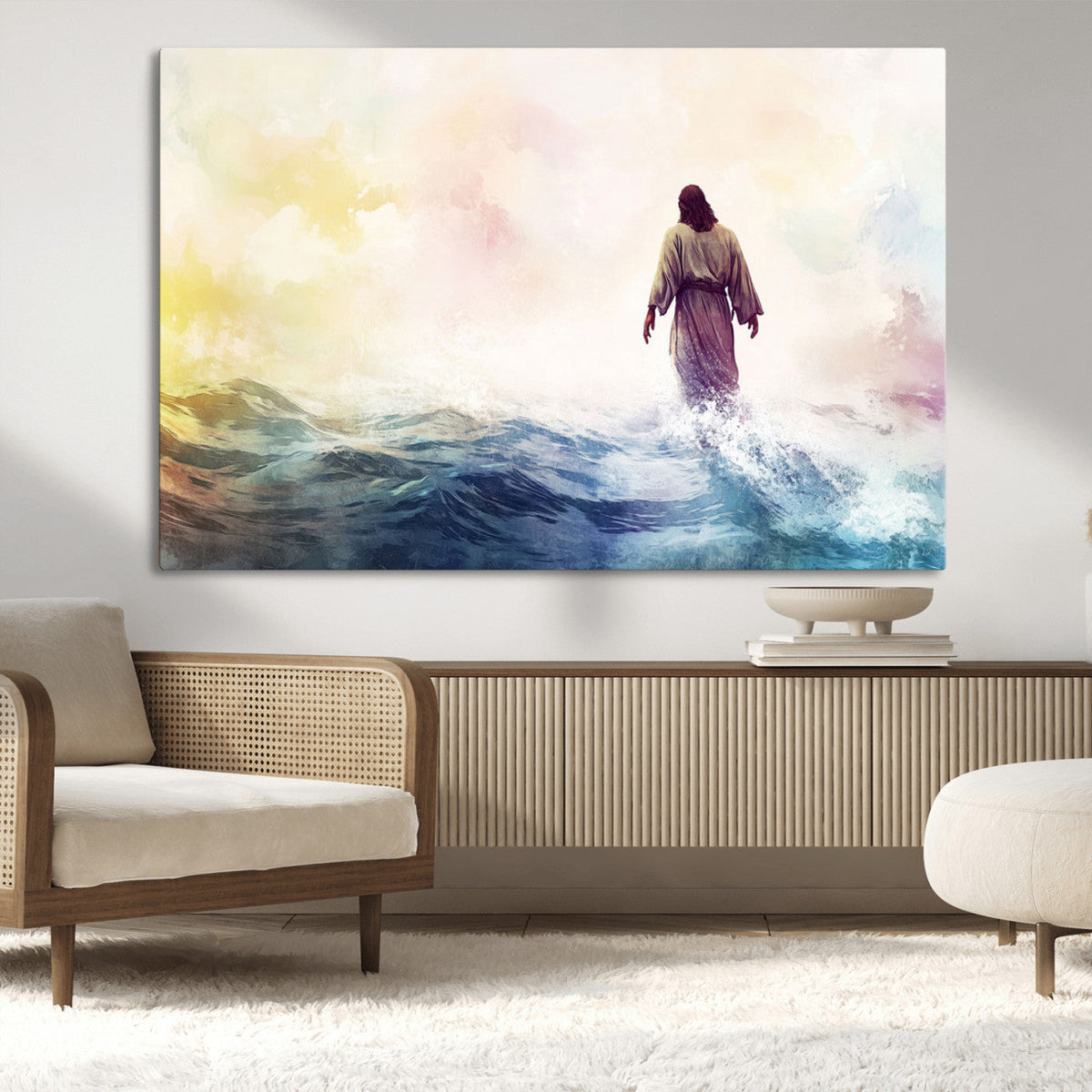 Watercolor Jesus Walking on Water Canvas Print, Christian