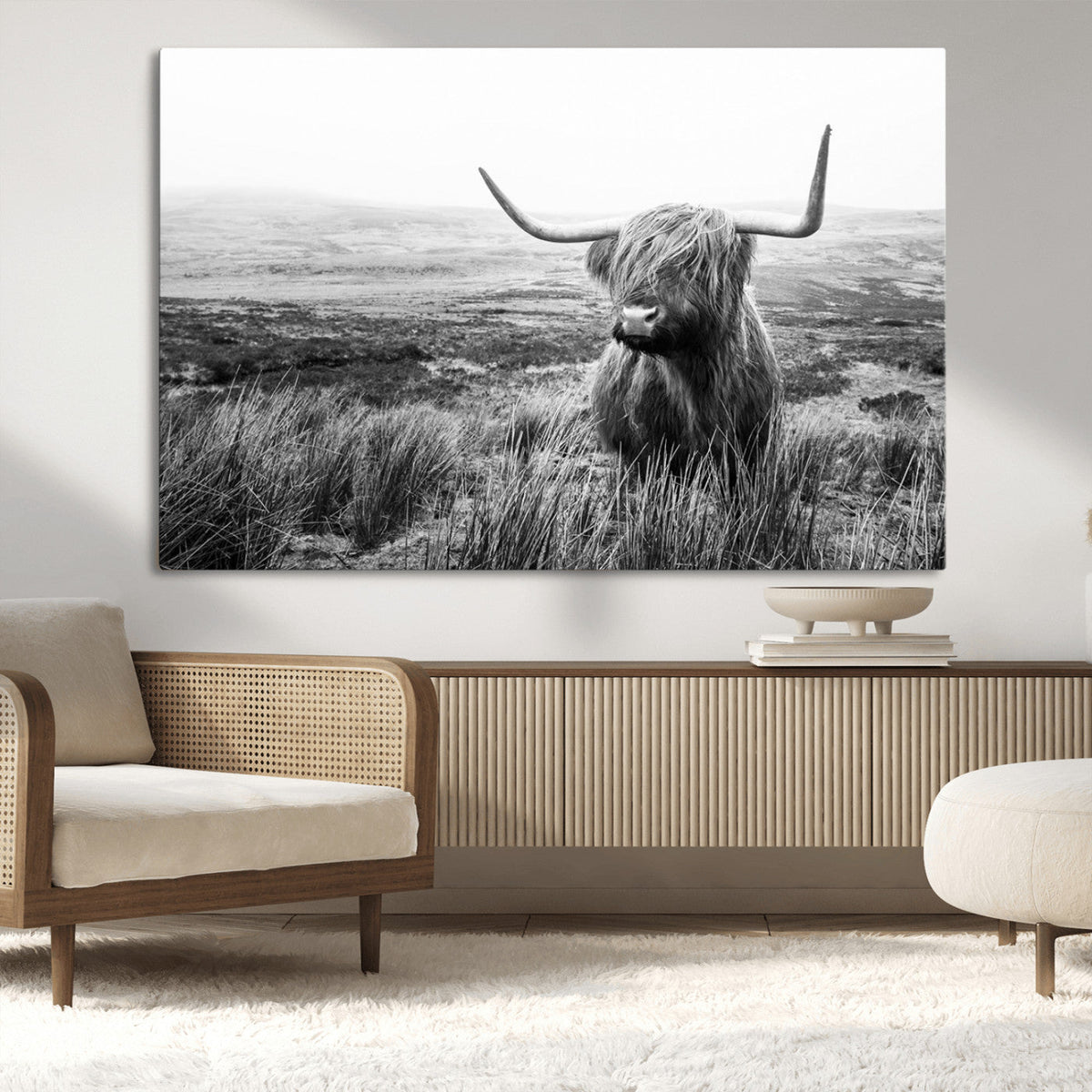 Scottish Highland Cow Wall Art | Black and White Canvas