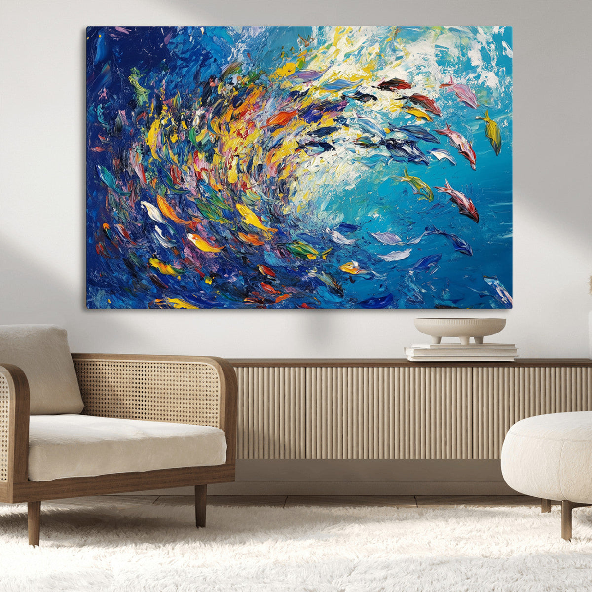 Colorful Swirling Fish School Wall Art Canvas Print |