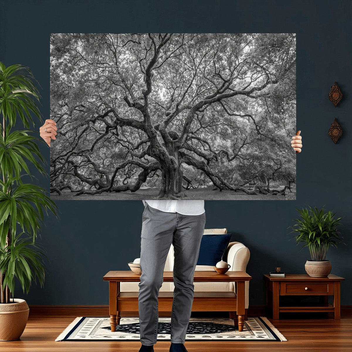 Majestic Angel Oak Tree Black and White Canvas Print – Multi