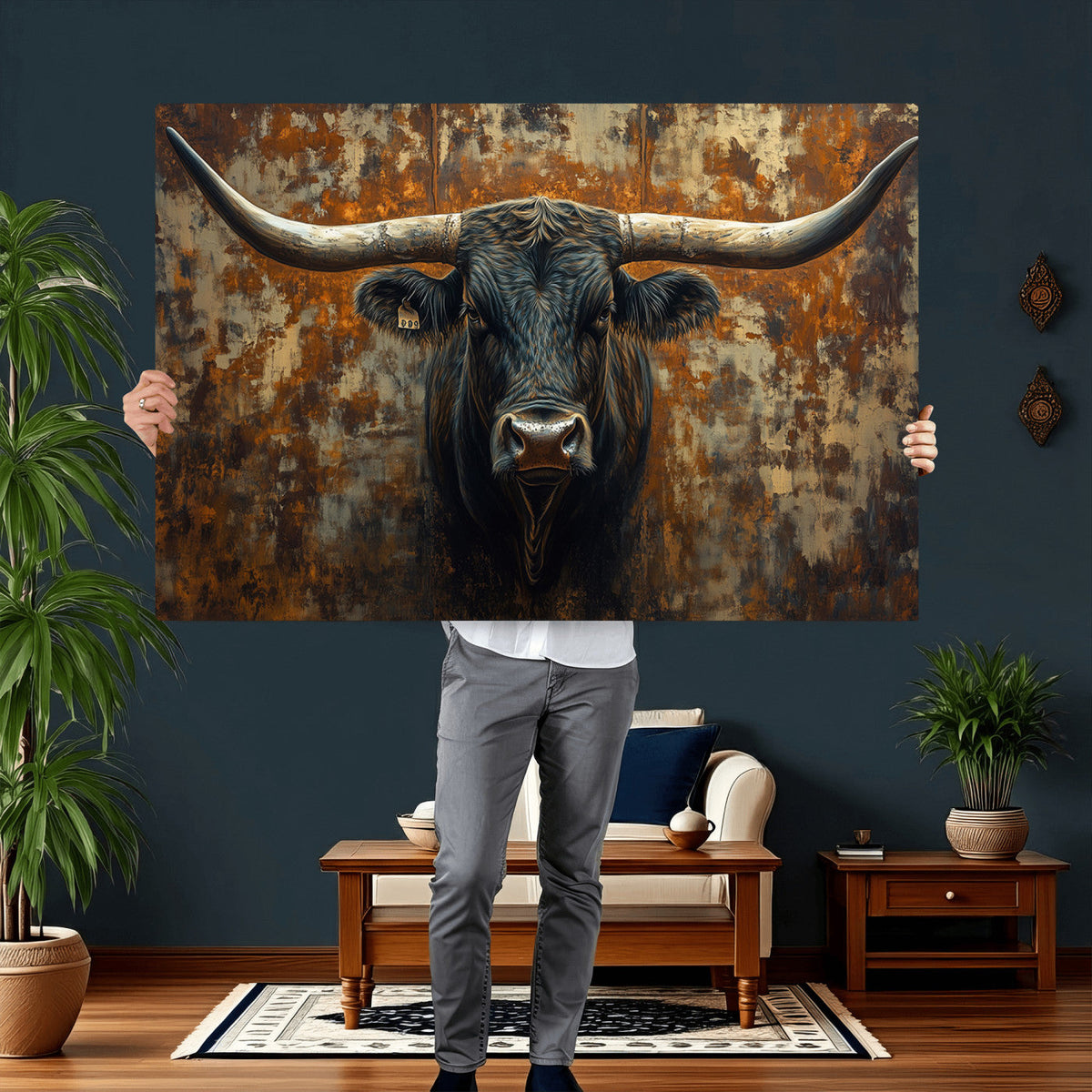 Longhorn Texas Cow Bull Wall Art | Rustic Farmhouse Canvas
