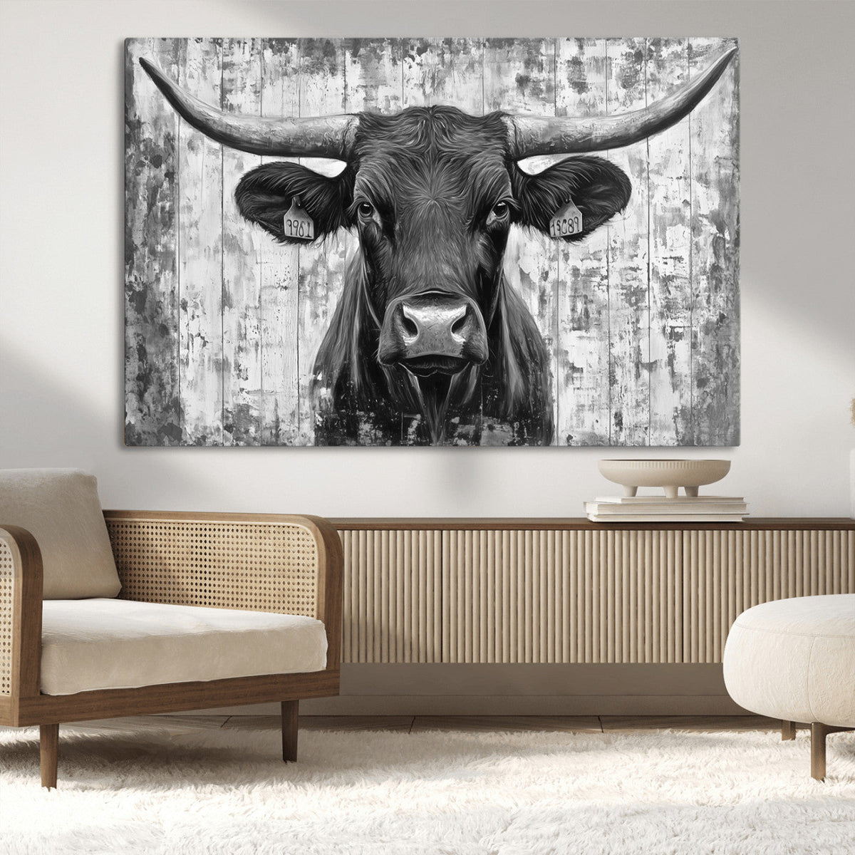 Abstract Longhorn Bull Wall Art Canvas Print - Rustic Texas