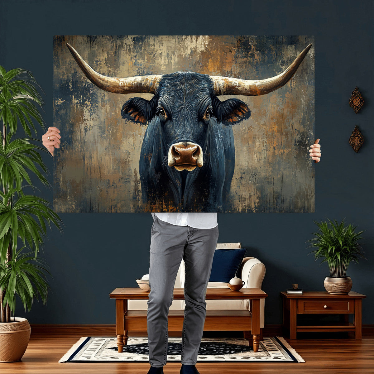 Texas Western Wall Art Canvas Print - Abstract Cow Longhorn
