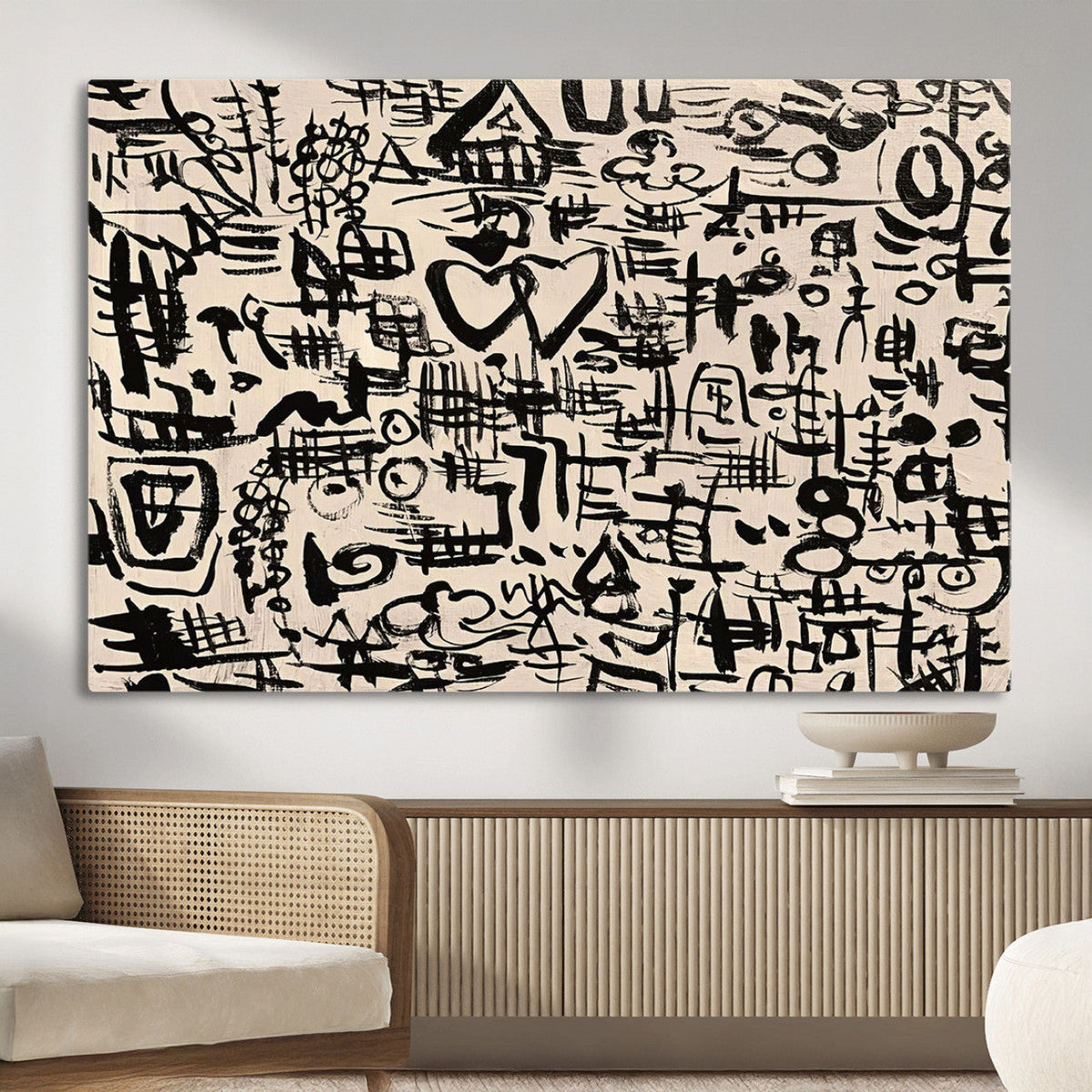 Abstract Love and Chaos Canvas Print, Black Symbols on Beige