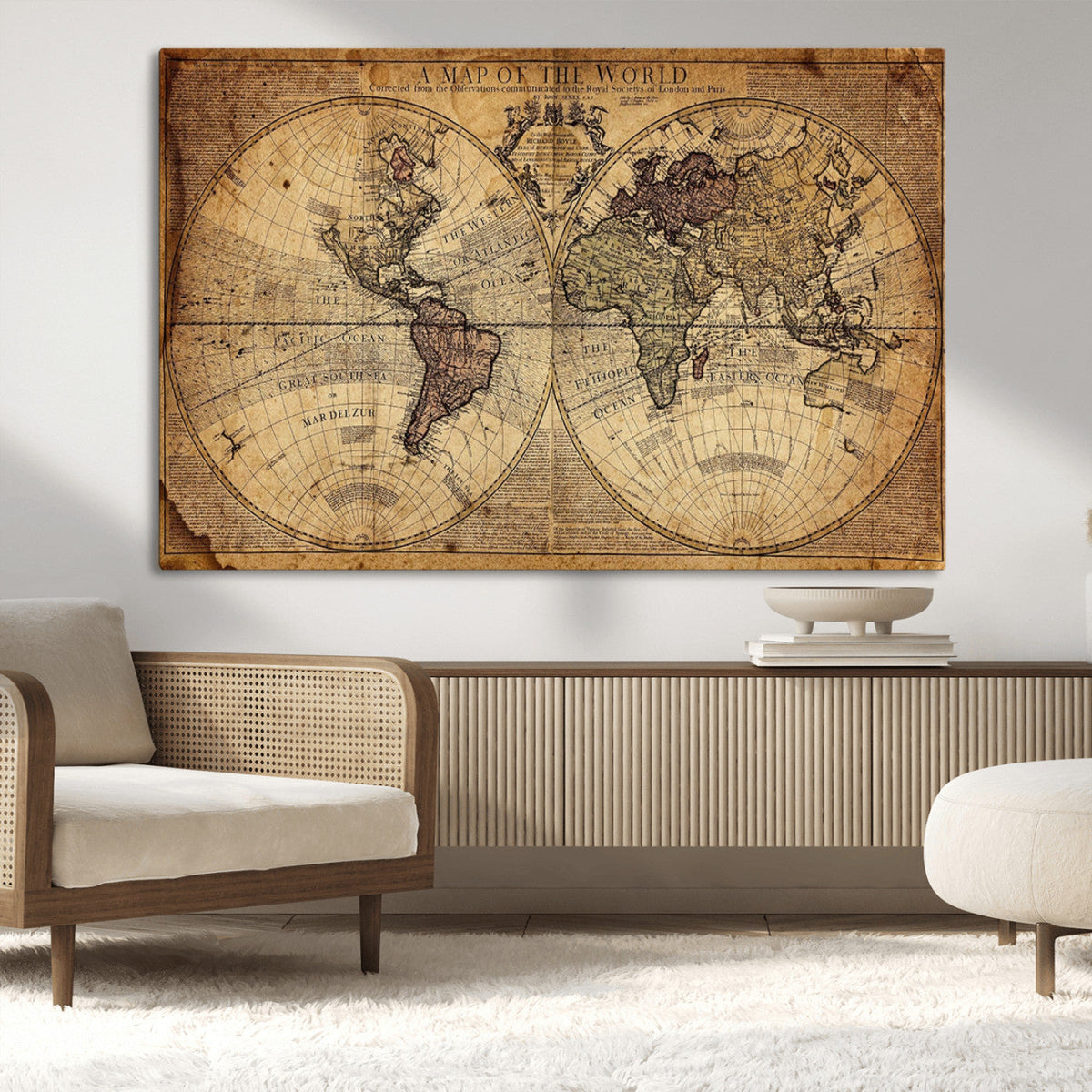Vintage World Map Wall Art Canvas – Antique Style Push Pin