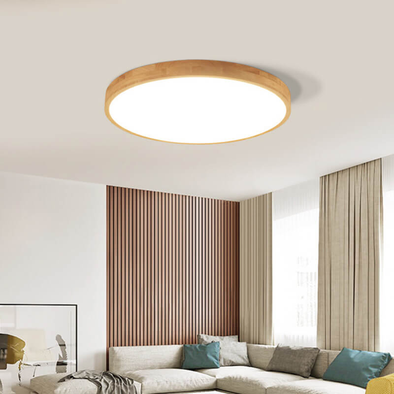 Nordic Solid Wood Round Ultra Thin LED Flush Mount Ceiling Light 18W