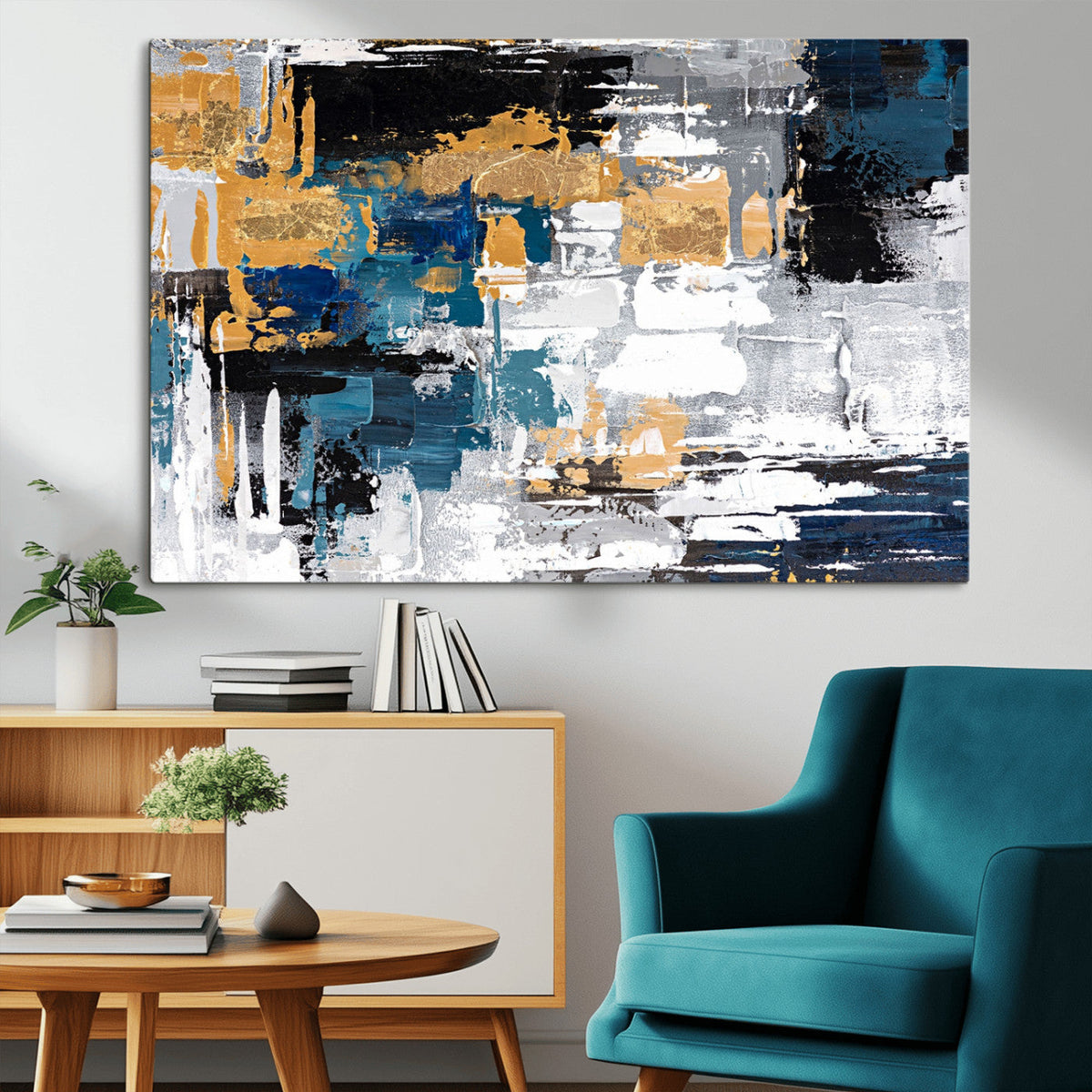 Blue and Gold Abstract Canvas Wall Art – Triptych Modern