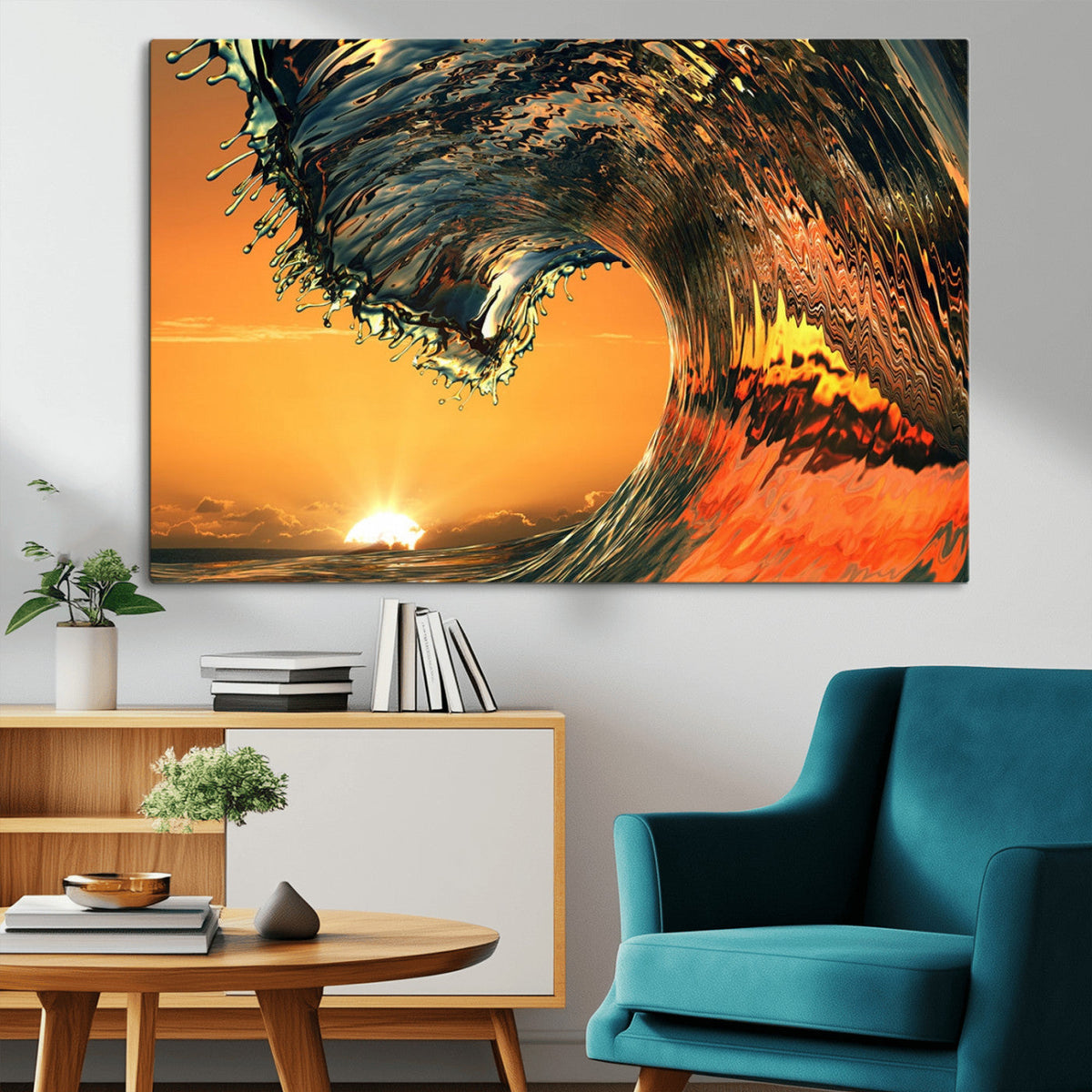 Surf Wave Sunset Canvas Wall Art Print, 3-Panel Ocean