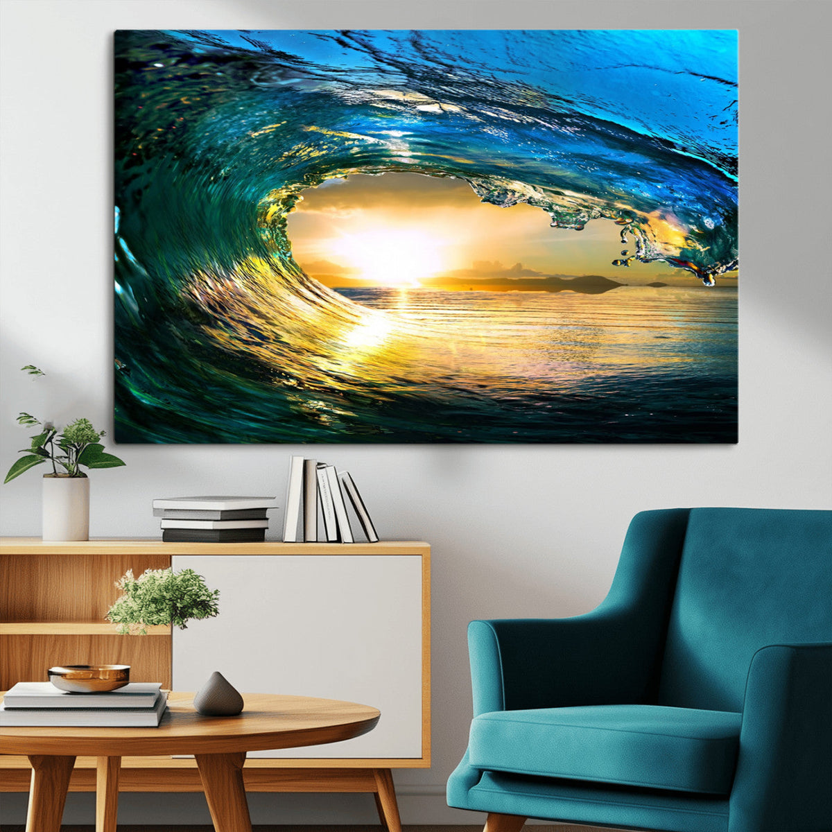 Ocean Wave at Sunset Canvas Art, Large Wall Print of Vibrant