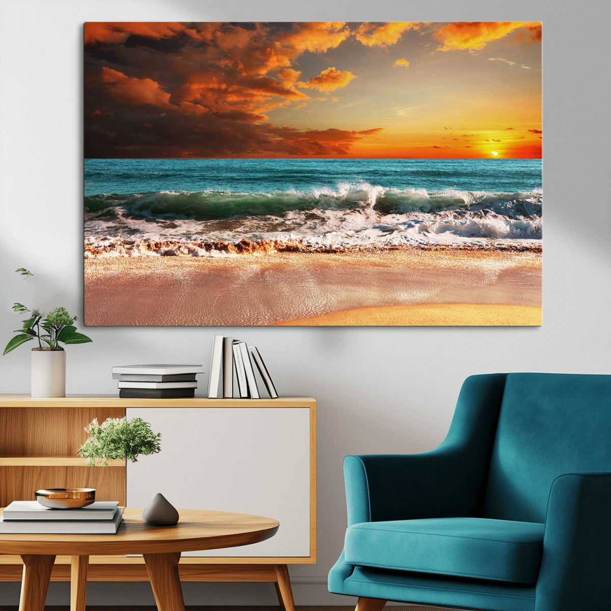 Golden Sunset Beach Canvas Wall Art – Triptych Seascape