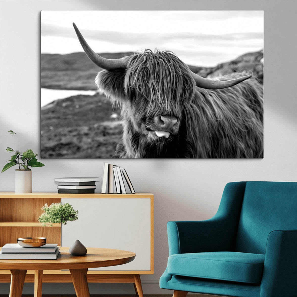 Longhorn Steer Canvas Print Wall Art, Highland Cow Canvas