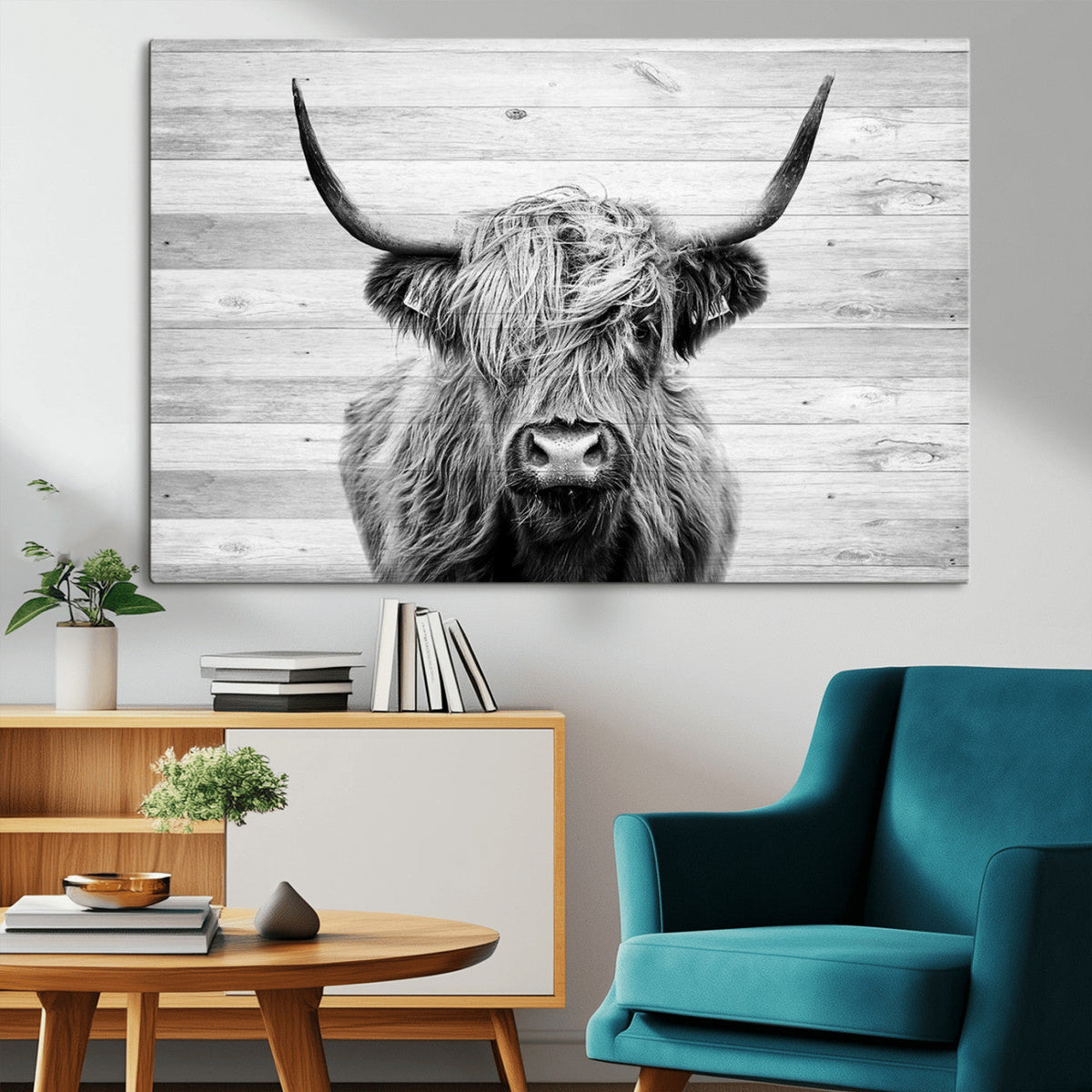 Scottish Highland Cow Cattle Art Print on Wood Background