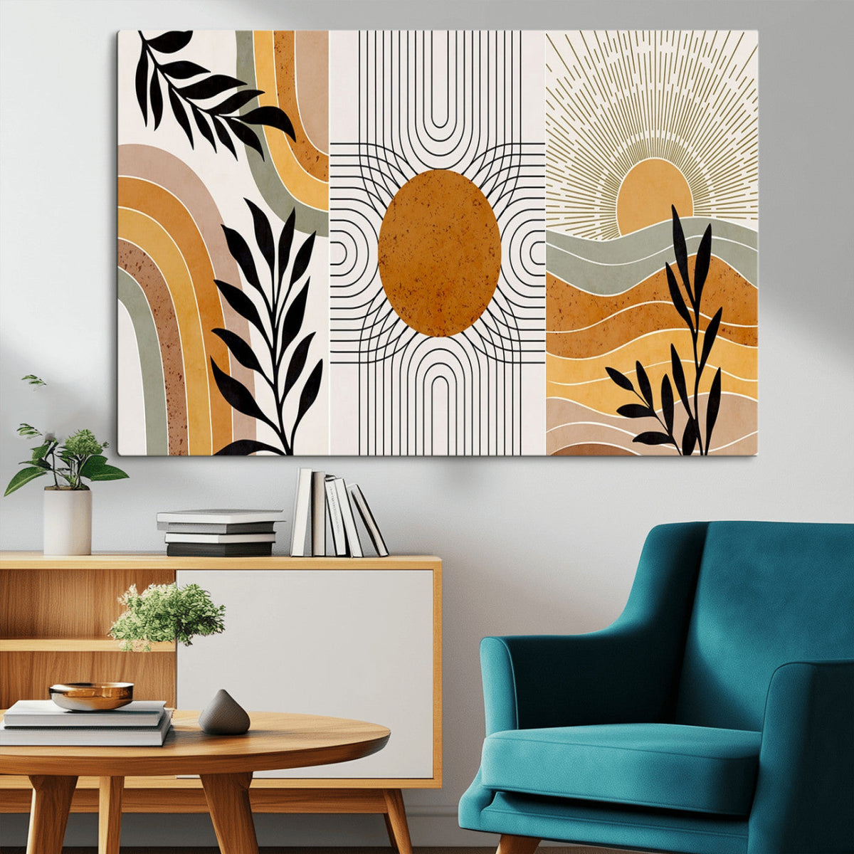 Modern Boho Sun and Leaf Abstract Art – 3-Panel Giclée