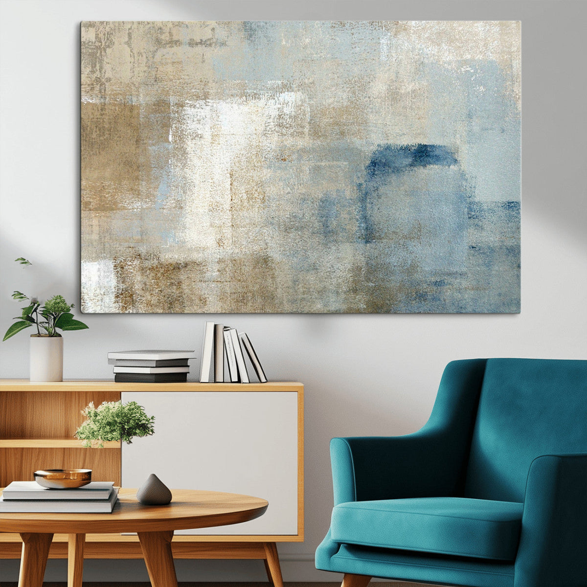 Abstract Blue and Beige Wall Art, Modern Minimalist Canvas