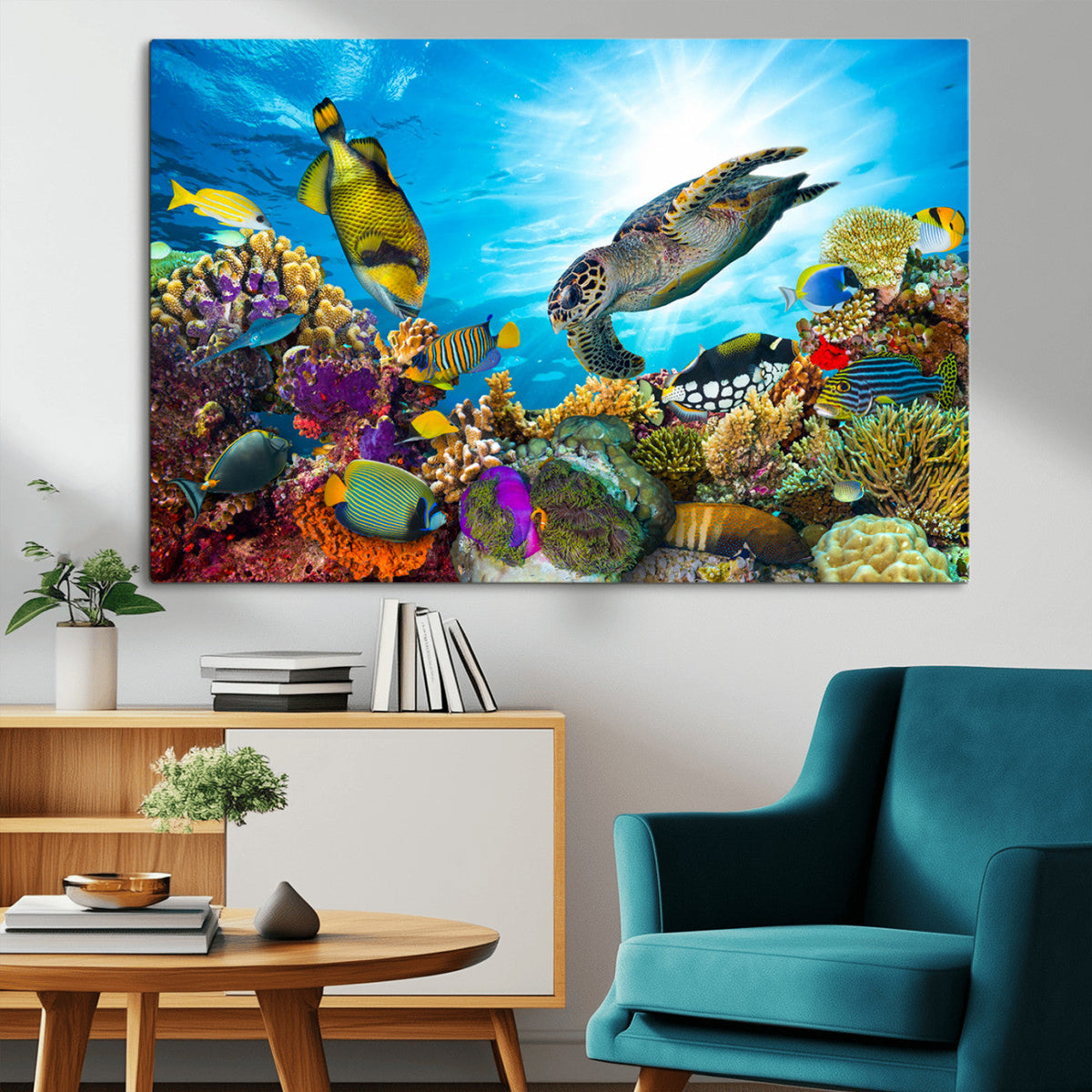 Colorful Coral Reef and Sea Life Turtle Canvas Print,