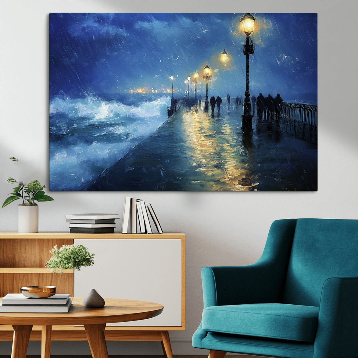 Storm Ocean Pier Canvas Wall Art Print - Large Moody Night