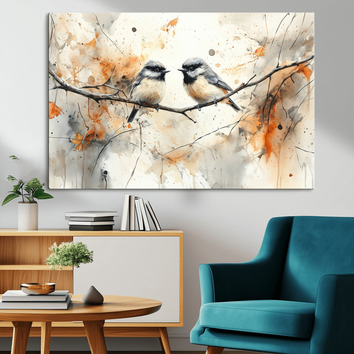 Abstract Watercolor Chickadee Bird Canvas Wall Art Print -