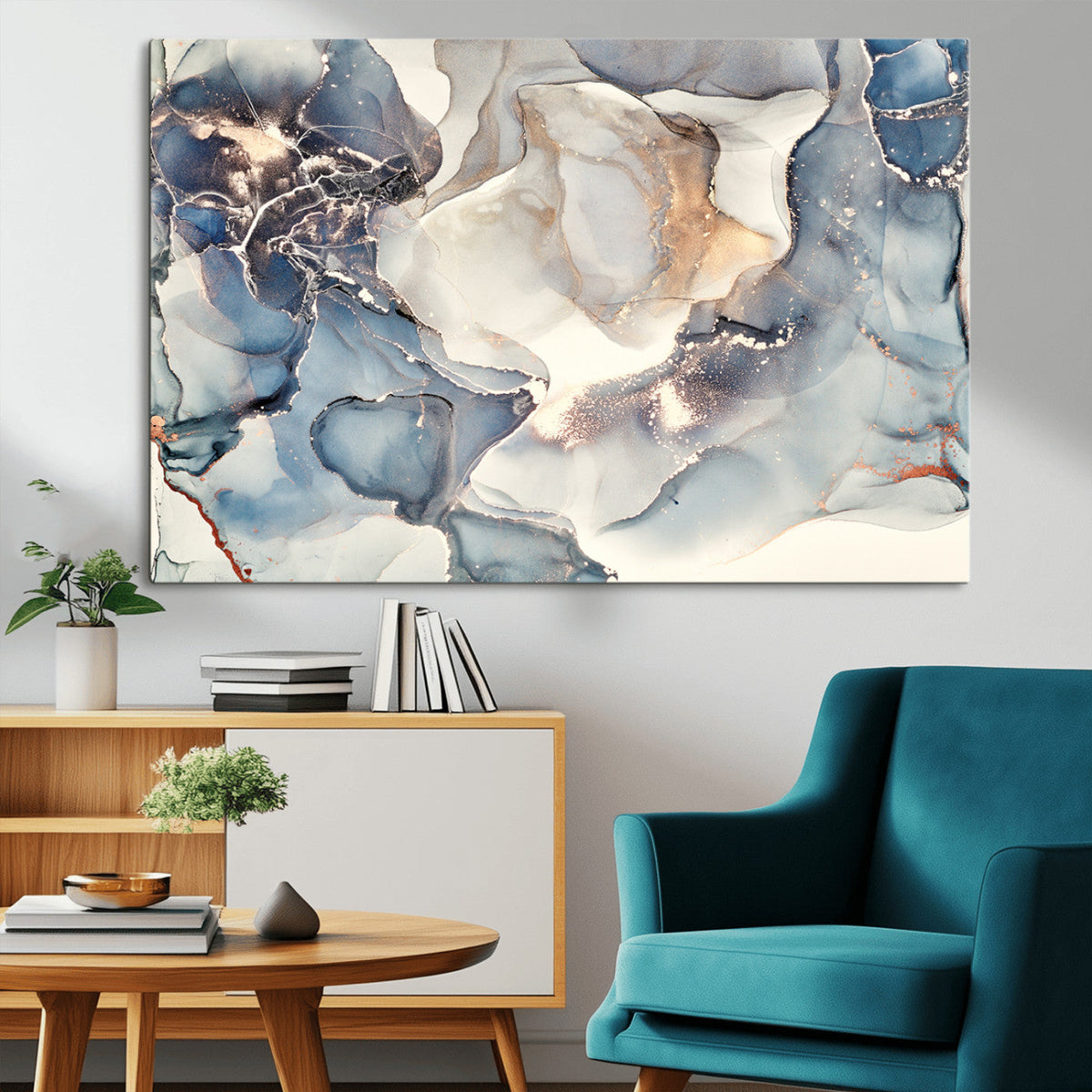 Abstract Blue and Gold Canvas Wall Art - Fluid Modern Ink