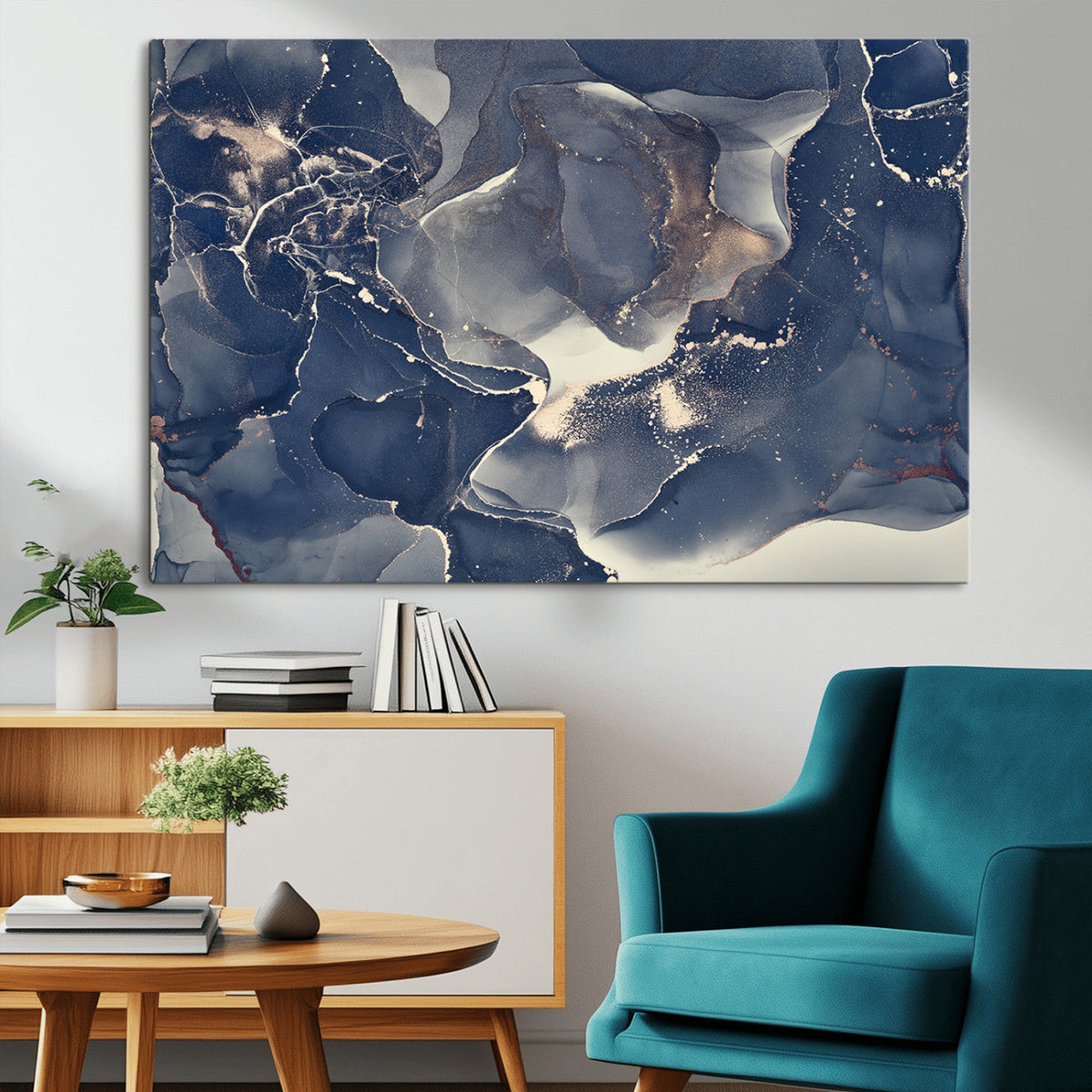 Large Abstract Blue and Gold Canvas Wall Art Fluid Ink