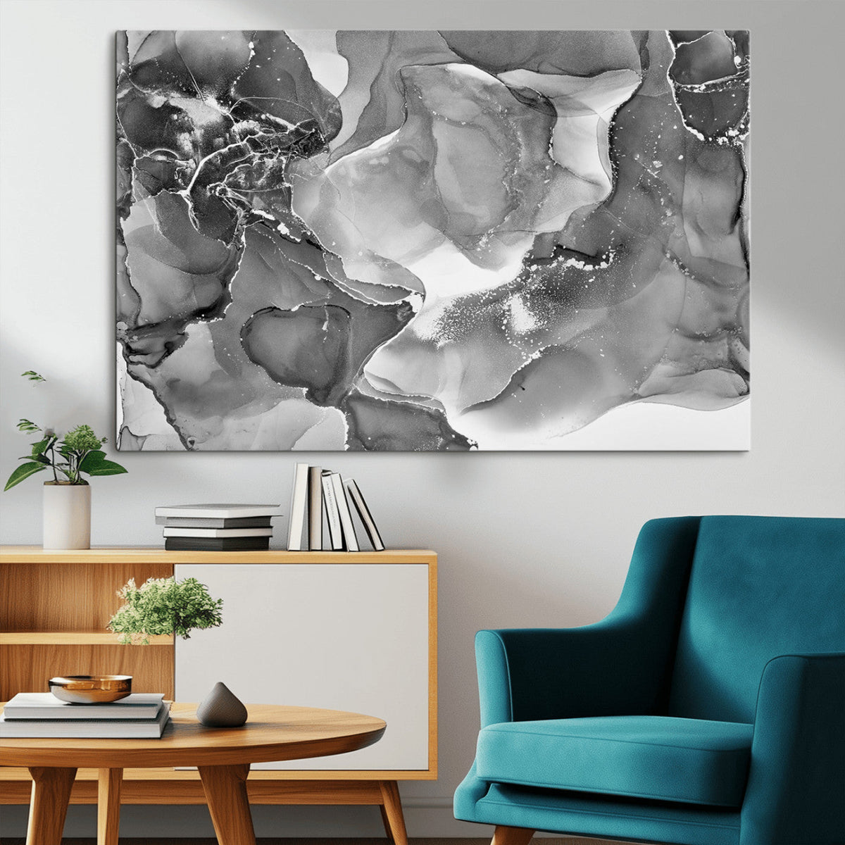 Black White Abstract Canvas Wall Art - Fluid Ink Artwork -