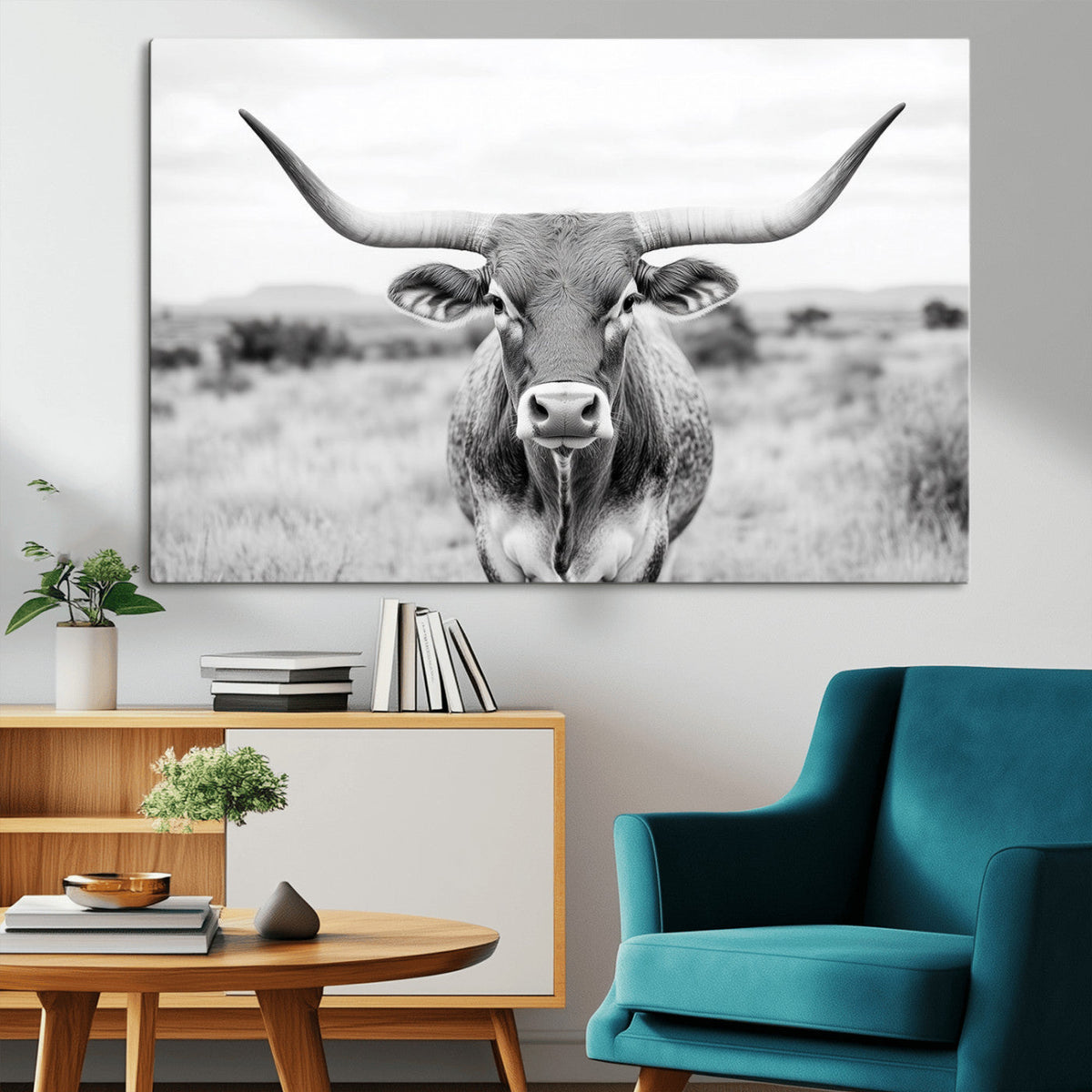 Highland Cow Wall Art Canvas Print – Black and White Western