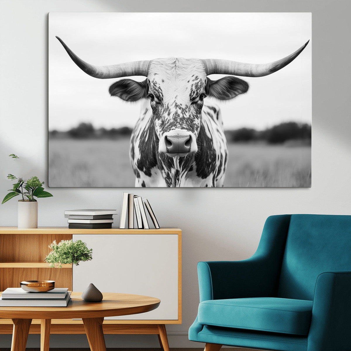 Highland Cow Wall Art Canvas Print – Black and White Western