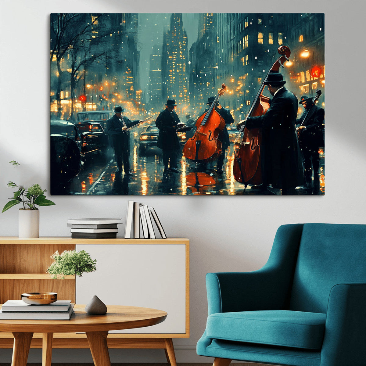 Urban Night Jazz Wall Art Canvas Print – Moody Rain-Soaked