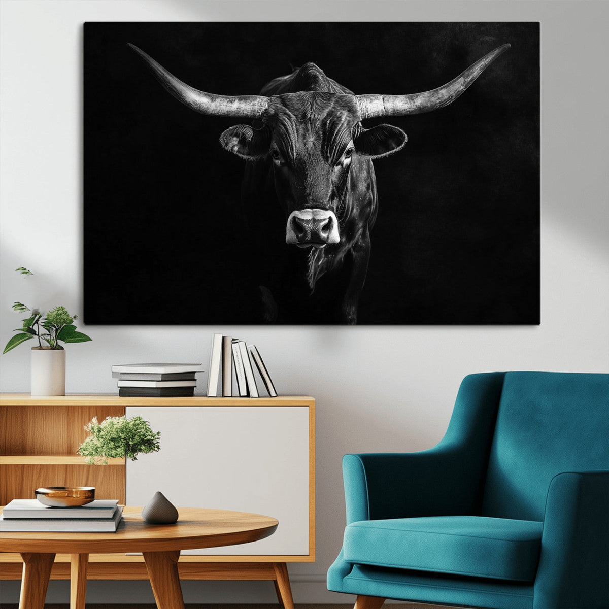 Texas Longhorn Wall Art Canvas Print – Framed Monochrome