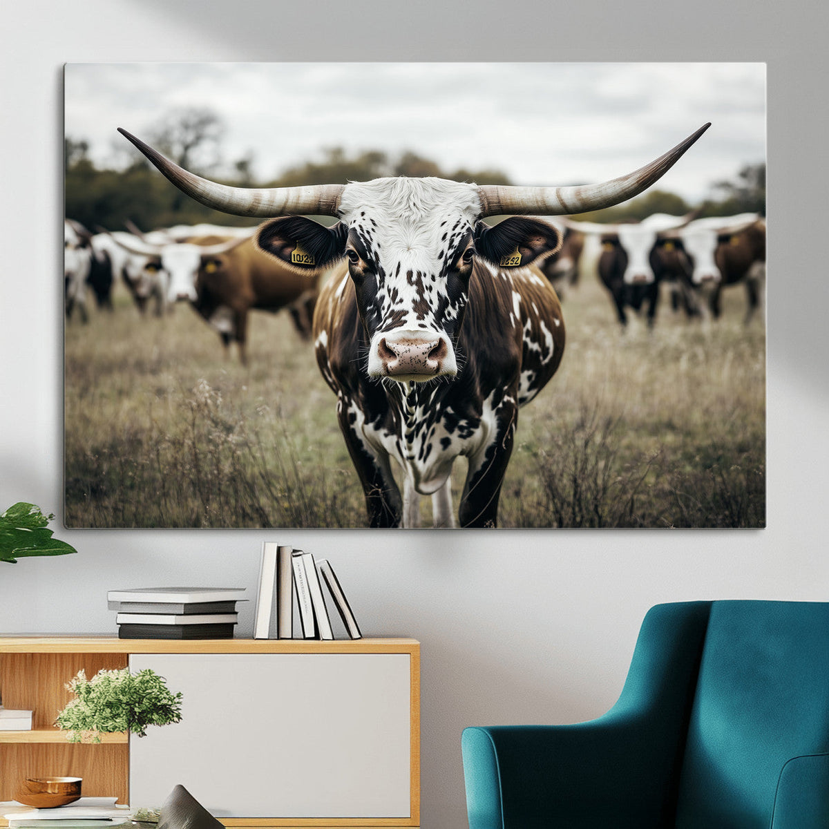 Texas Longhorn Wall Art – Framed Speckled Cow Canvas