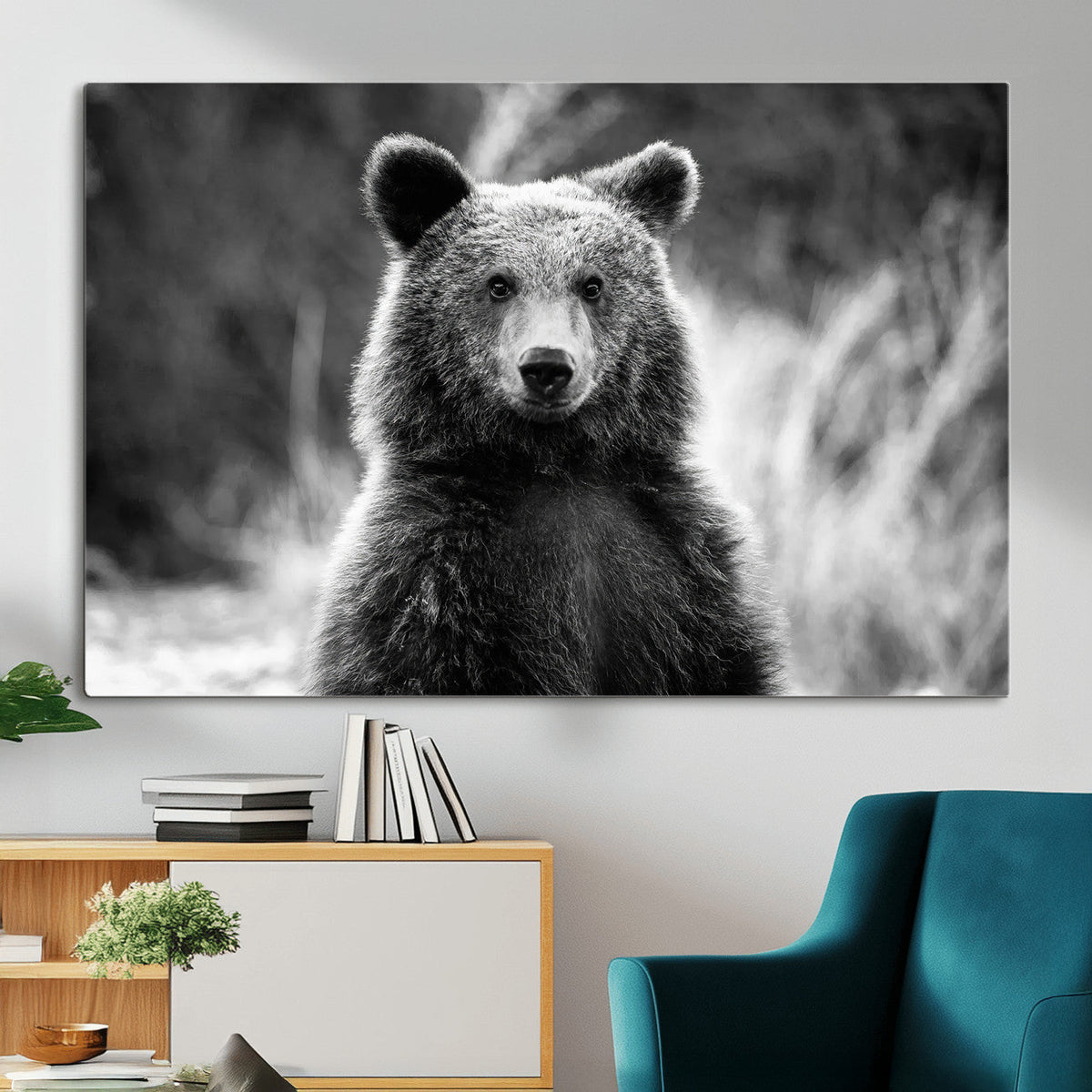 Grizzly Bear Wall Art Canvas Print – Framed Black White