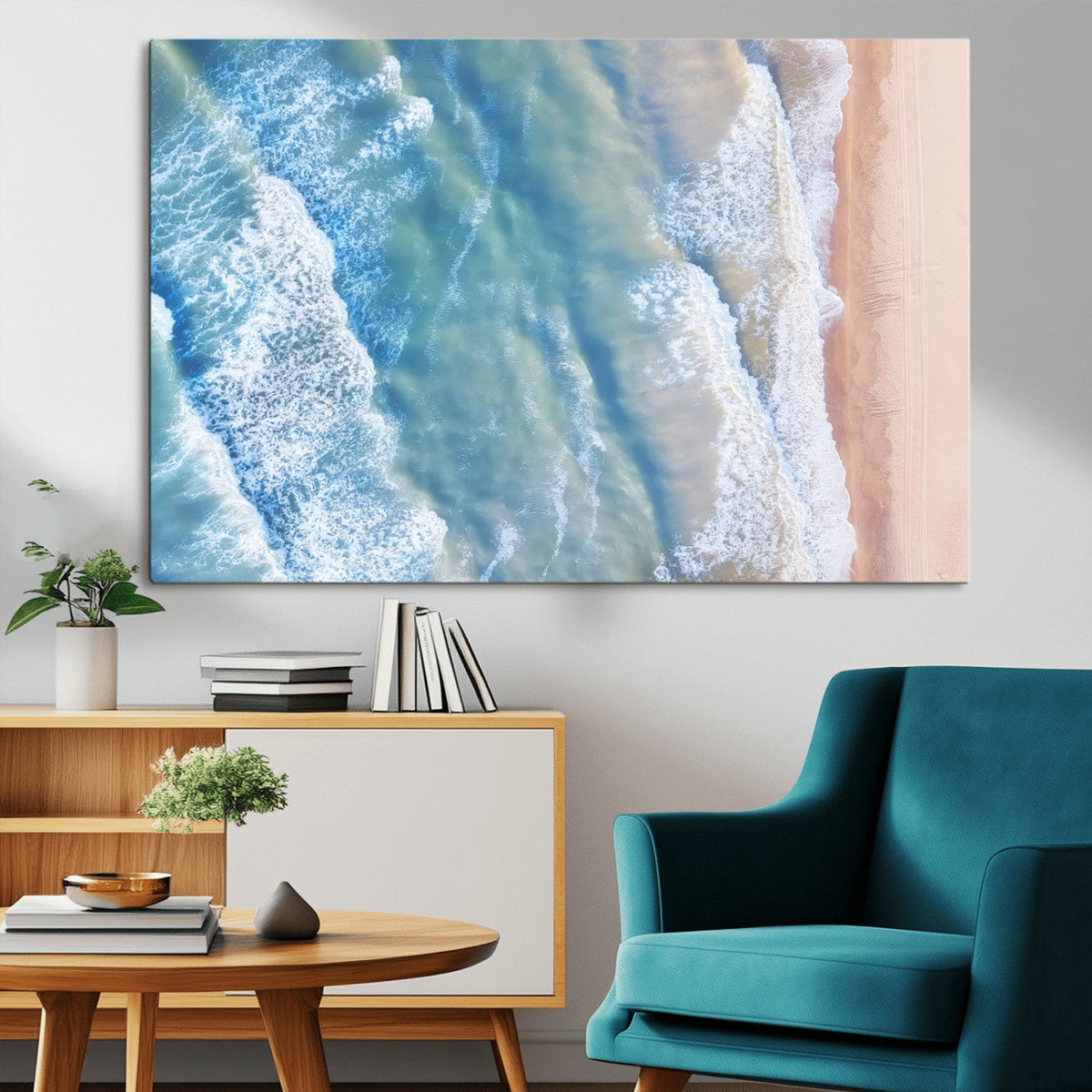 Aerial Ocean View Wall Art Canvas Print – Framed Soft Blue