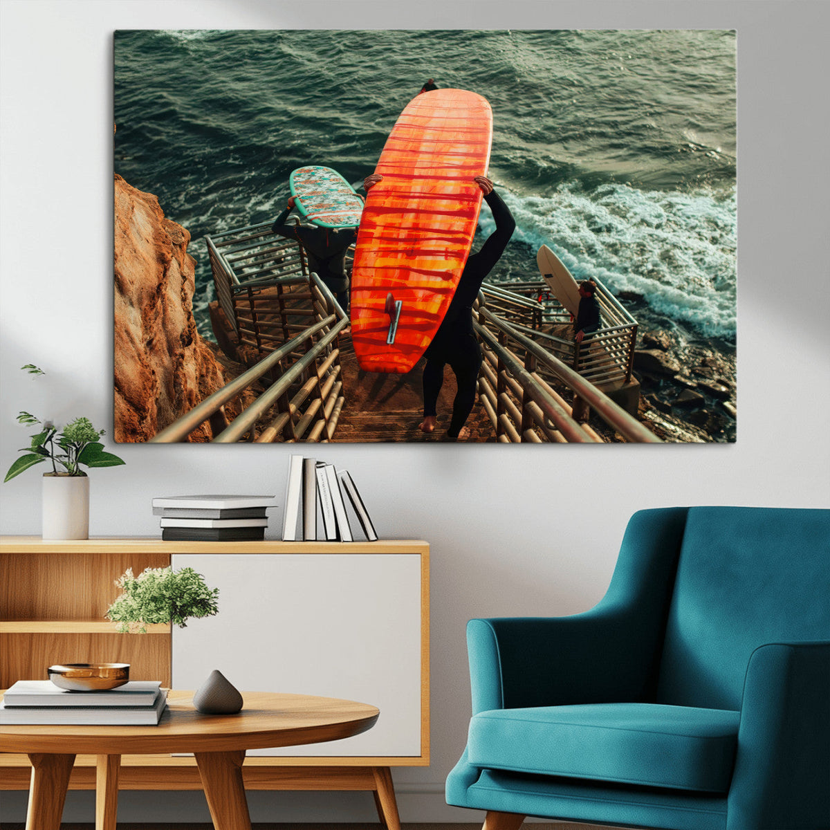 Surfer Stairway Wall Art Canvas Print – Framed Ocean Surf