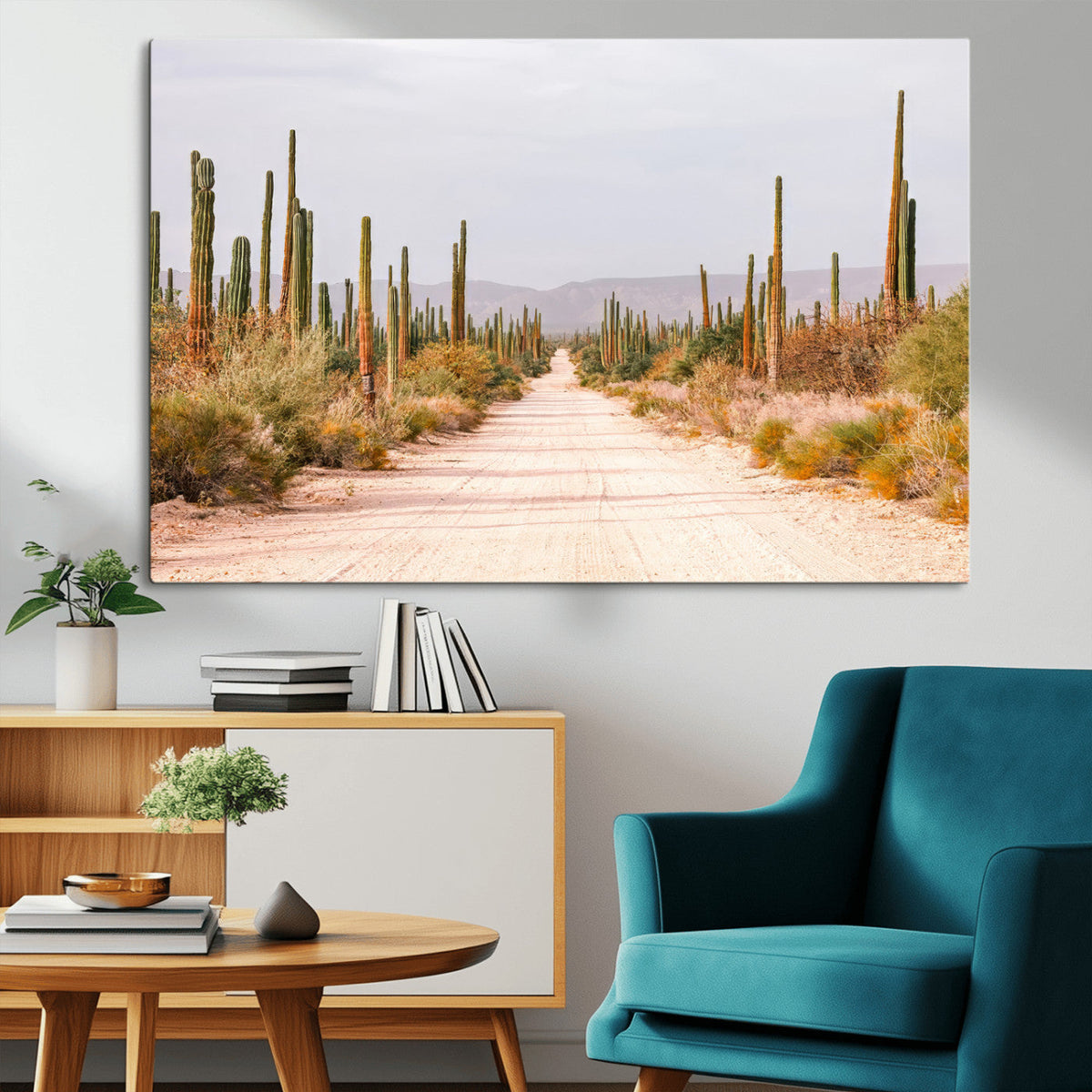 Desert Cactus Lined Road Wall Art Canvas Print – Framed