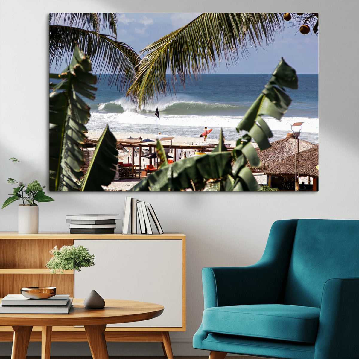 Tropical Shoreline Wall Art Canvas Print – Framed Surfer