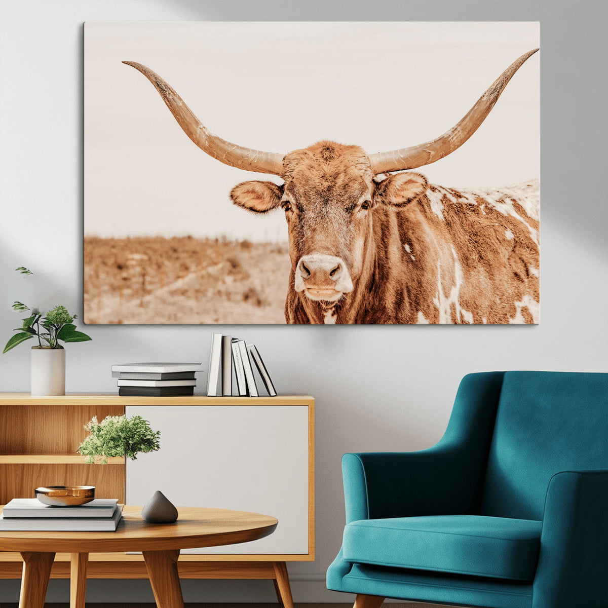 Texas Longhorn Wall Art Canvas Print – Framed Sepia Cow Art