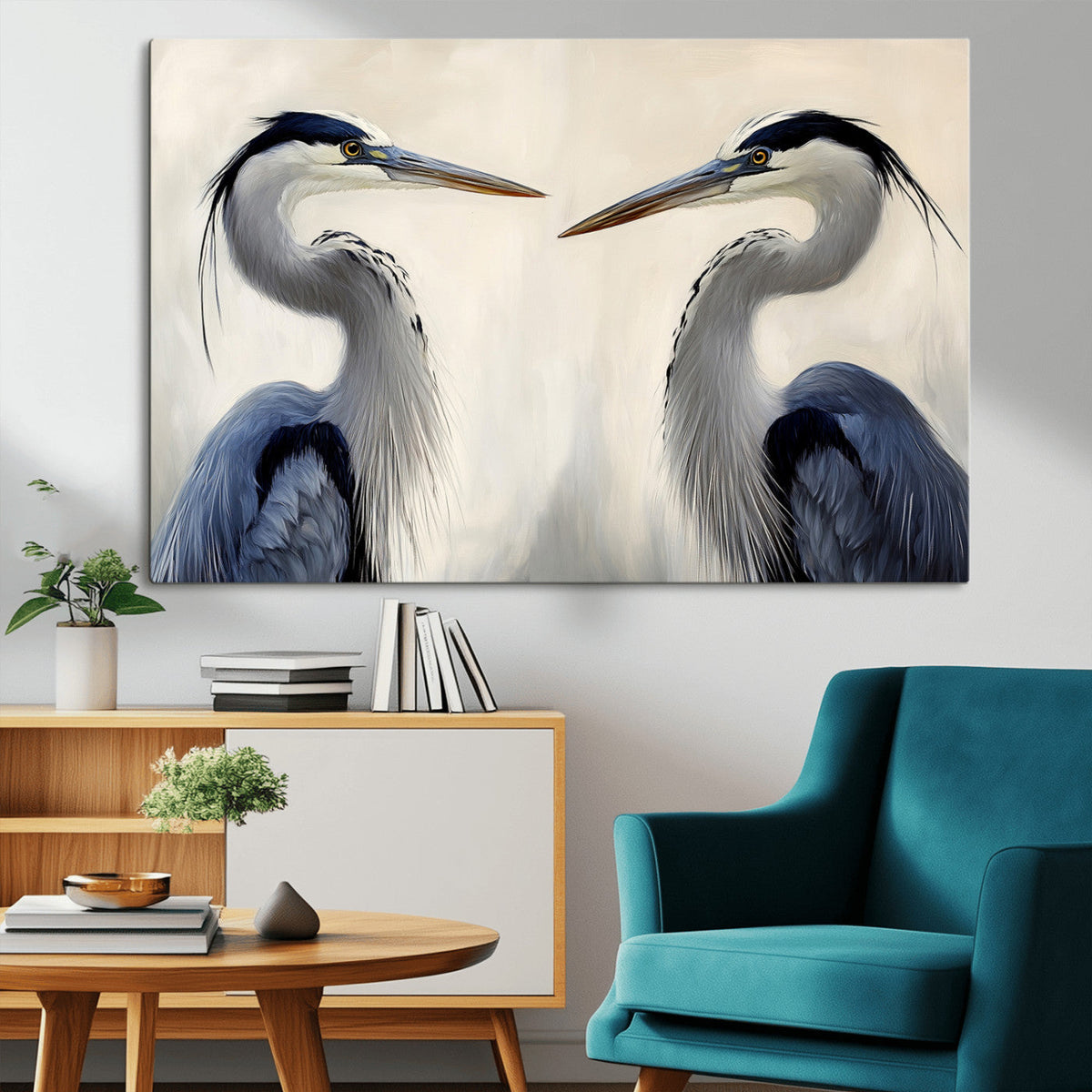 Blue Heron Pair Wall Art Canvas Print, Framed Coastal Bird