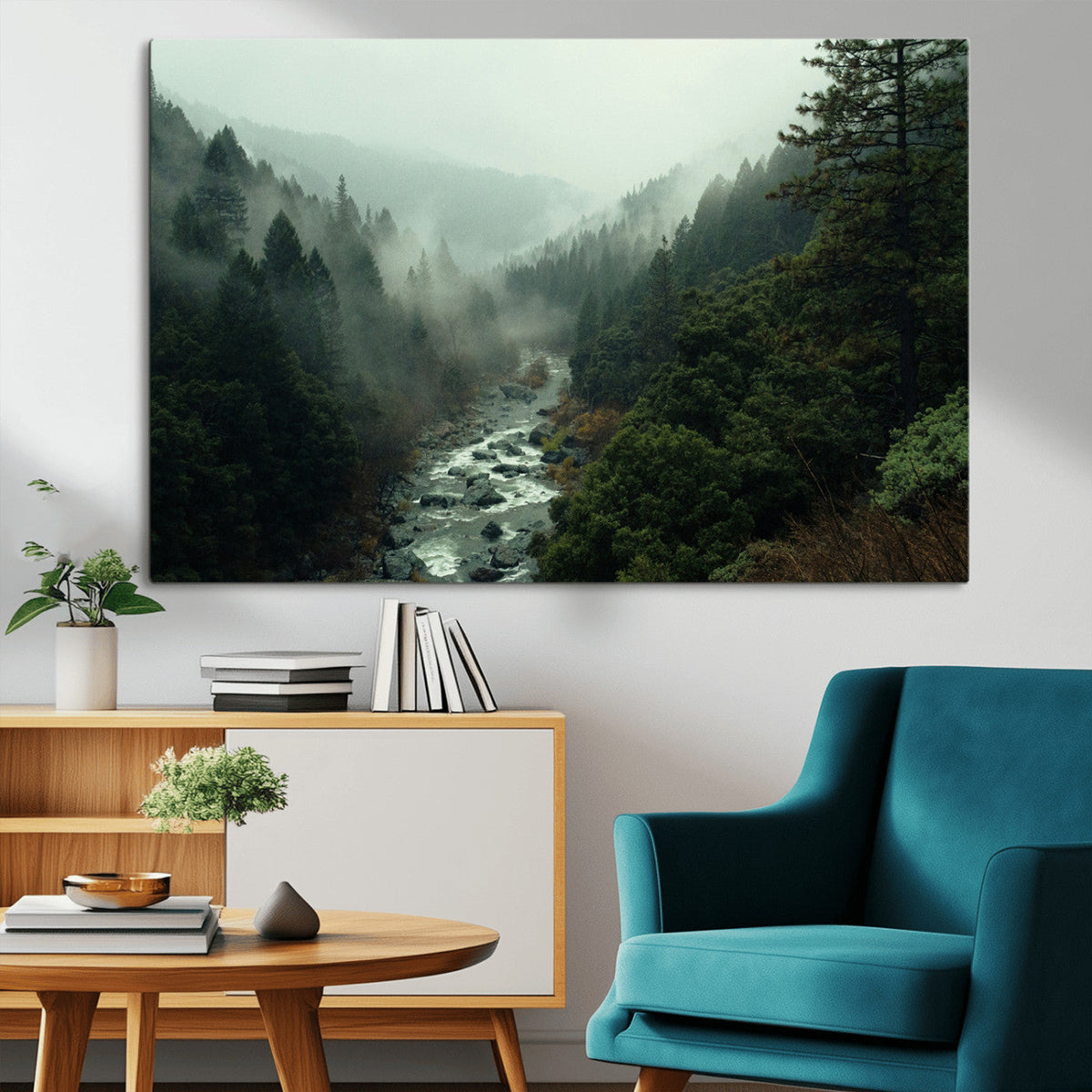 Misty Forest Wall Art Canvas Print – Framed Foggy River