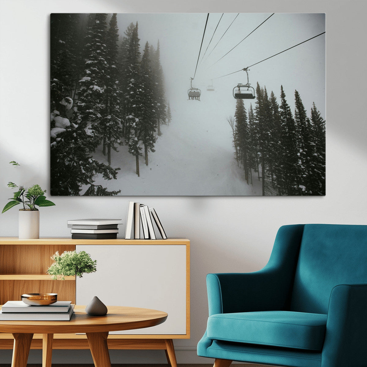 Ski Lift Wall Art Canvas Print – Snowy Pines Misty Landscape