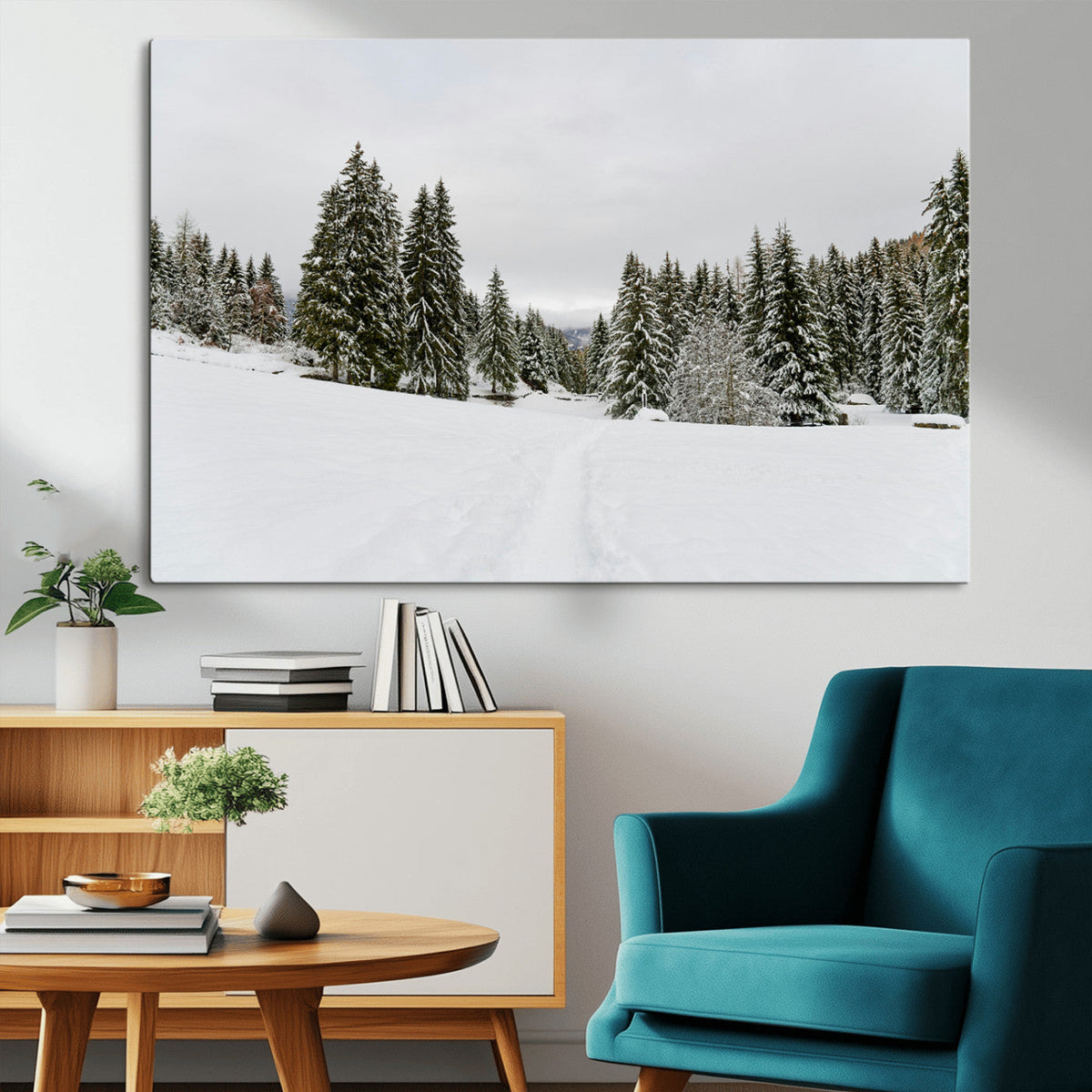 Frosty Pines Wall Art Canvas Print – Framed Silent Snowfall
