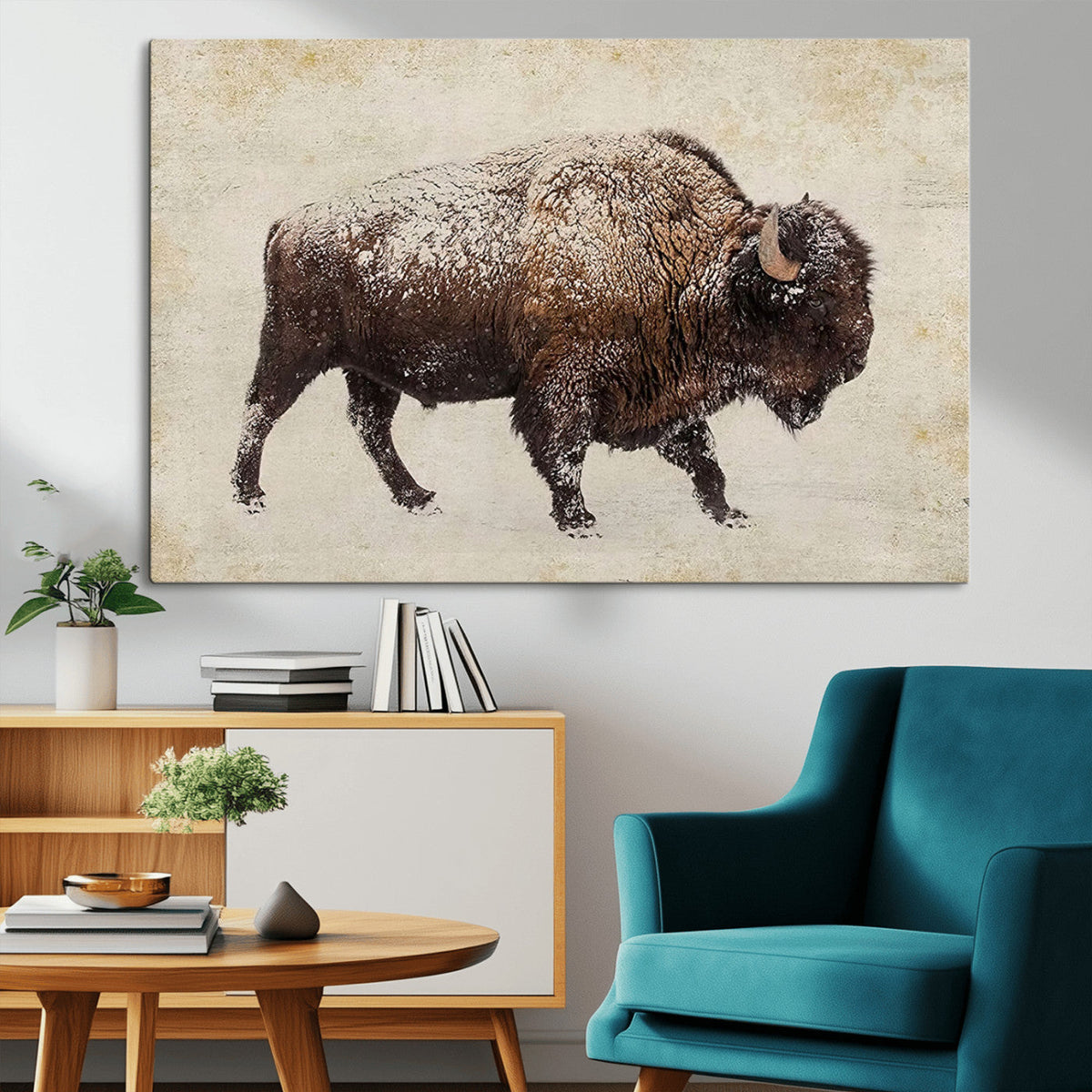 Snow-dusted bison silhouette textured vintage style rugged