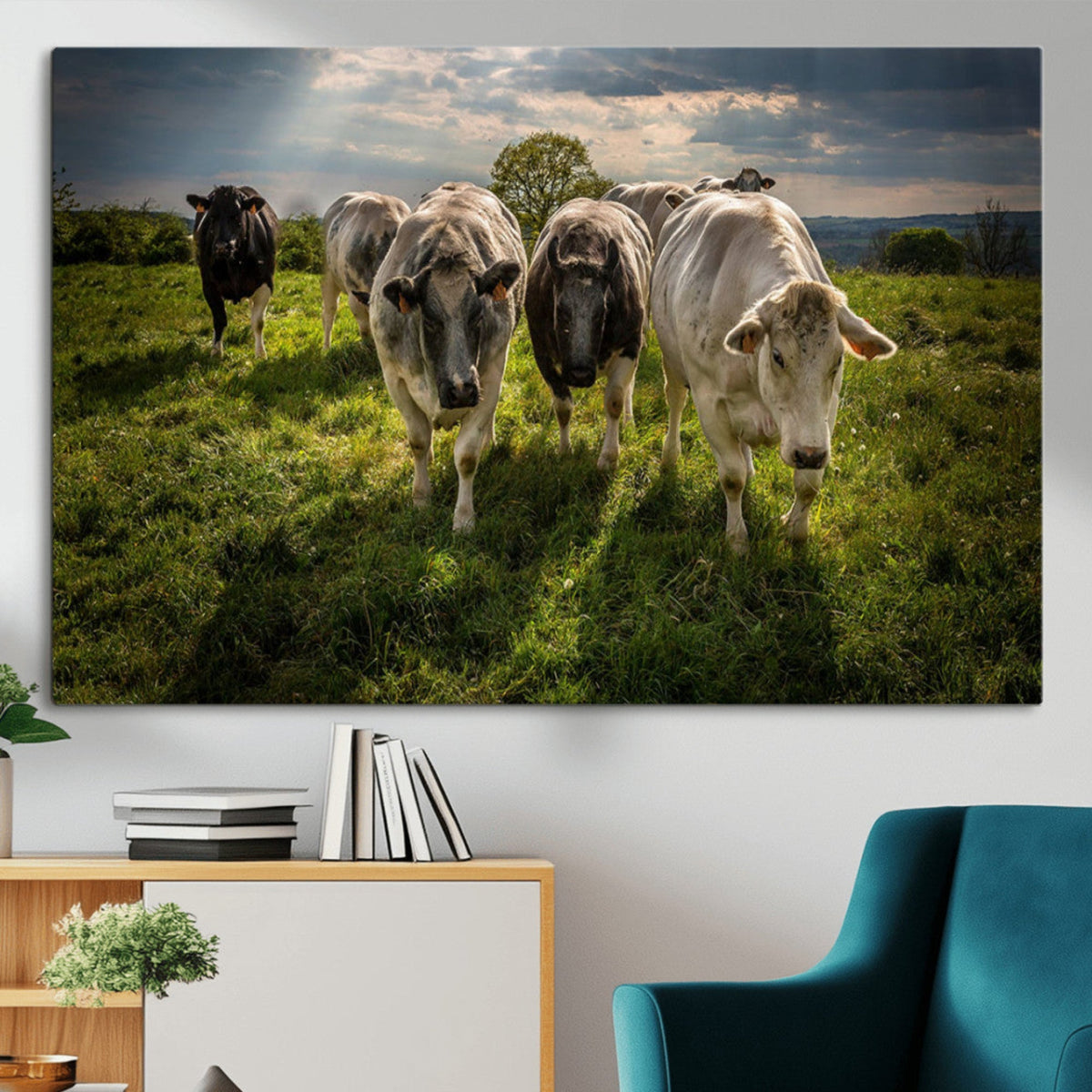Grazing Cattle Herd Wall Art, Green Pasture Livestock Canvas