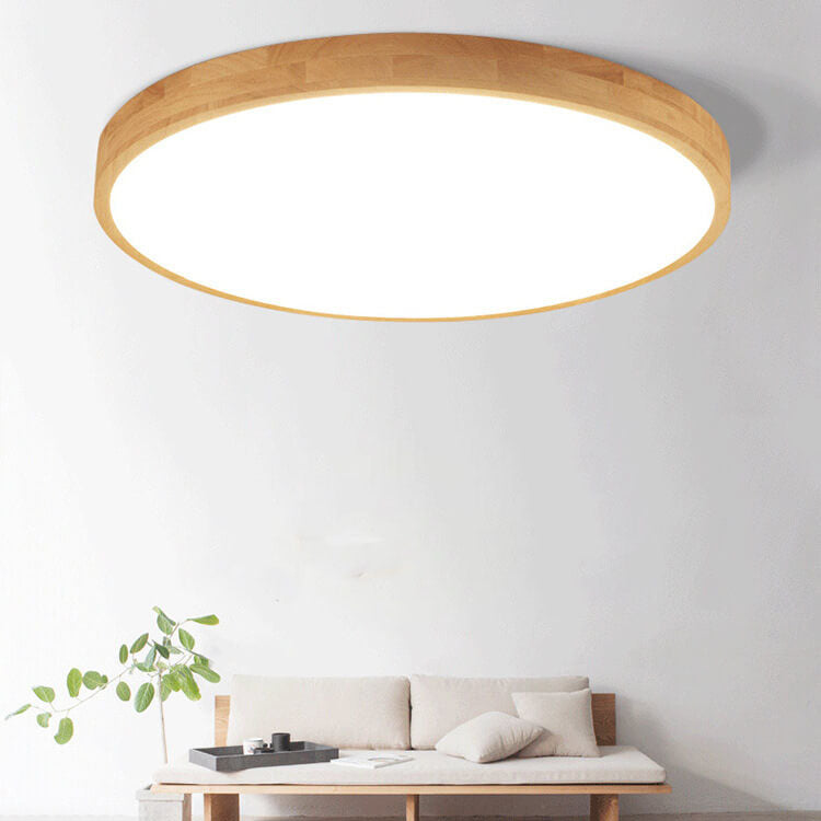 Nordic Solid Wood Round Ultra Thin LED Flush Mount Ceiling Light 18W