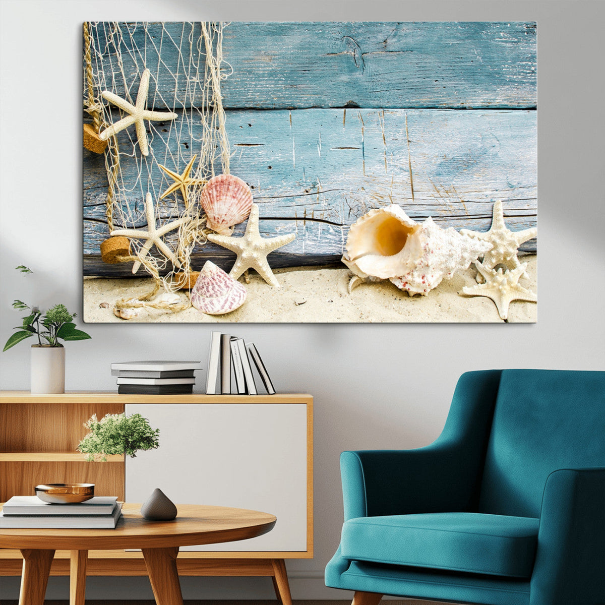 Seashells on Rustic Wooden Background, Seashells Wall Art