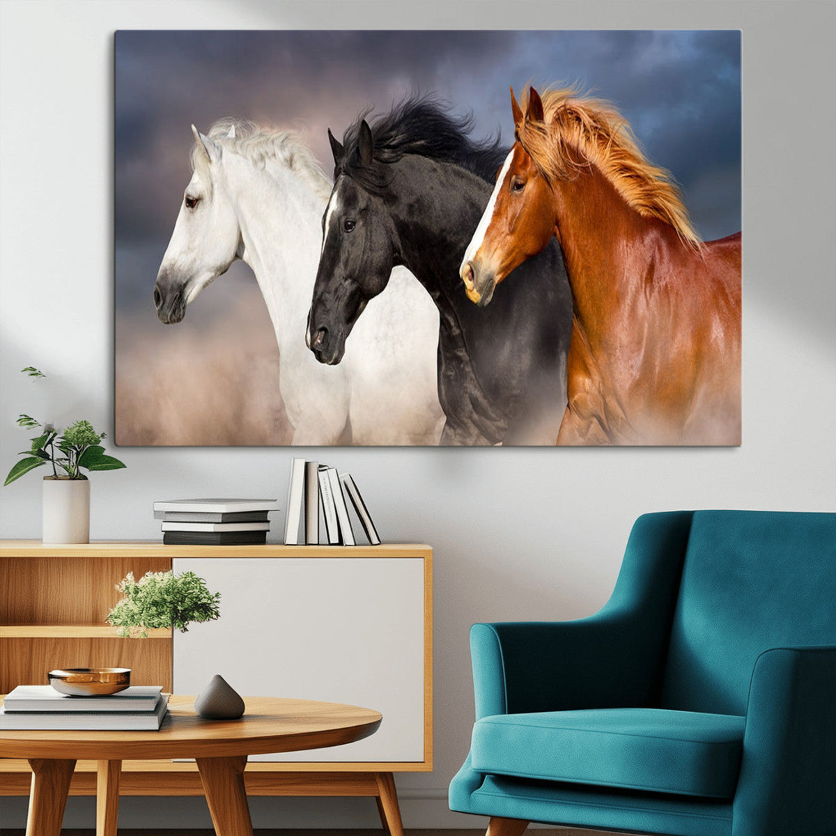 Animal Wall Art Three Horses Farmhouse Art Canvas, Framed