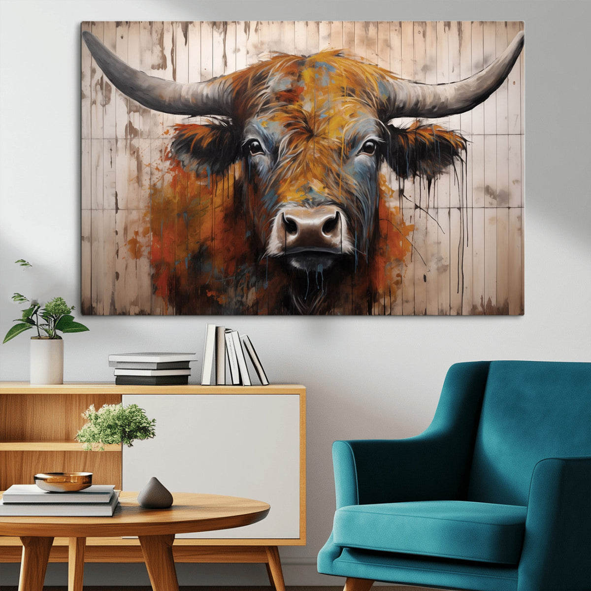 Abstract Bull Highland Cow Canvas Wall Art Print – Vibrant
